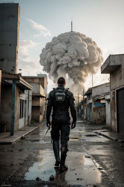 Generate a hyper-realistic image of a man walking alone on a deserted street in Goiânia Brazil after the Cesium 137 nuclear accident. The man must be seen from behind, wearing a full radiation protective suit. The scene must be chaotic and inspired by the science fiction style, com riqueza em texturas e detalhes. a dystopian and cinematic look.

Additional parameters:
- Estilo de arte: Sci-fi Lighting: Cinematic, destacando o personagem e criando sombras realistas.
- Texturas: Realistic details about the protective suit, buildings, e a paisagem desolada.
-Ambiente: Adicione elementos que lembrem o desastre nuclear, as ruin and degradation.
- Cor: Use uma paleta de cores escura e futurista, with an emphasis on neon tones.
-Foco: Concentre-se no personagem e na usina nuclear, emphasizing loneliness and the post-apocalyptic environment. Ensure the generated image is high resolution and captures the desired sci-fi atmosphere. Experiment with adjusting the parameters as needed to achieve the desired result.