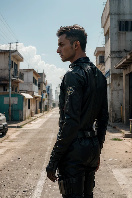 Generate a hyper-realistic image of a man walking alone on a deserted street in Goiânia Brazil after the Cesium 137 nuclear accident. The man must be seen from behind, wearing a full radiation protective suit. The scene must be chaotic and inspired by the science fiction style, com riqueza em texturas e detalhes. a dystopian and cinematic look.

Additional parameters:
- Estilo de arte: Sci-fi Lighting: Cinematic, destacando o personagem e criando sombras realistas.
- Texturas: Realistic details about the protective suit, buildings, e a paisagem desolada.
-Ambiente: Adicione elementos que lembrem o desastre nuclear, as ruin and degradation.
- Cor: Use uma paleta de cores escura e futurista, with an emphasis on neon tones.
-Foco: Concentre-se no personagem e na usina nuclear, emphasizing loneliness and the post-apocalyptic environment. Ensure the generated image is high resolution and captures the desired sci-fi atmosphere. Experiment with adjusting the parameters as needed to achieve the desired result.