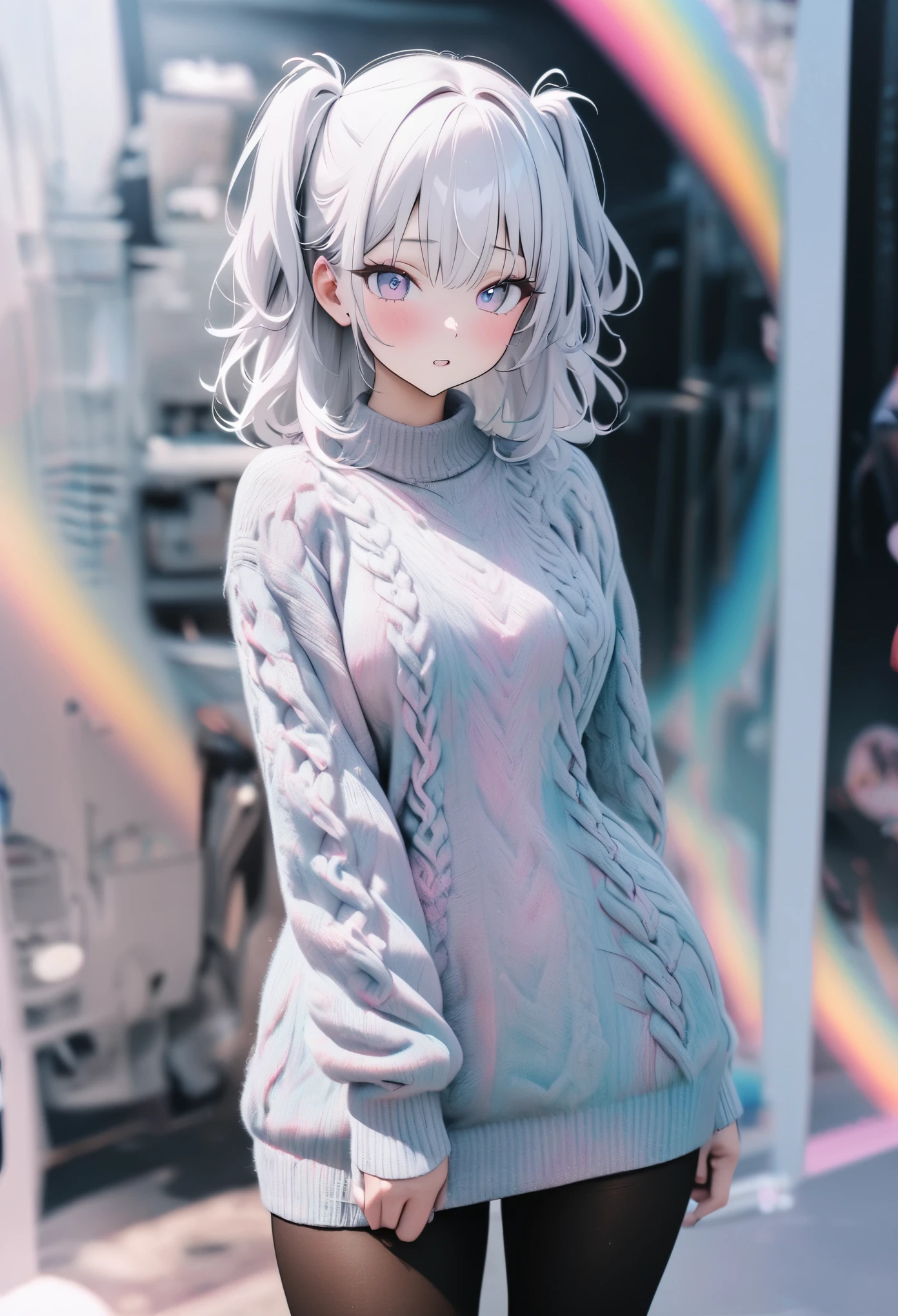 best quality, 8k, RAW photo, incredibly absurdres, extremely detailed, delicate texture, beautiful woman, two side up messy wavy white hair, wearing knit sweater, amorous and lewd expression, superlative body proportion, black pantyhose, black engineer boots, background iridescent pastel color