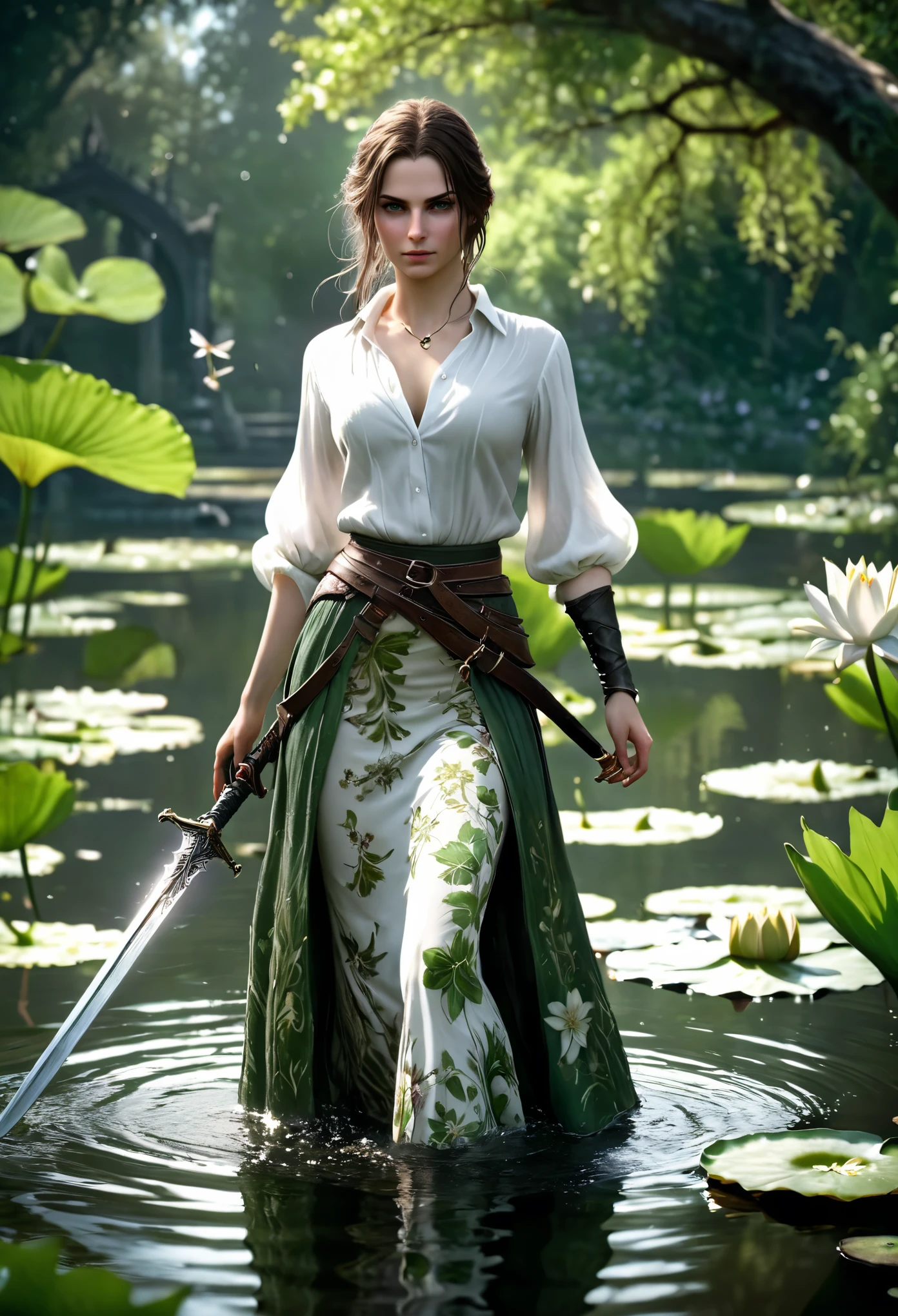 Bloodborne ~ Dark Souls 3 ~ Elden Ring ~ ultra detailed, A Gorgeous brunette, in white open shirt, green flowery pattern skirt, walking along a lively pond with lily pads. action pose holding a sword. blushing, teasing, Alluring. highly stylized. depth of field, bokeh effect, backlit, stylish, elegant, breathtaking, visually rich, masterpiece full body shot.