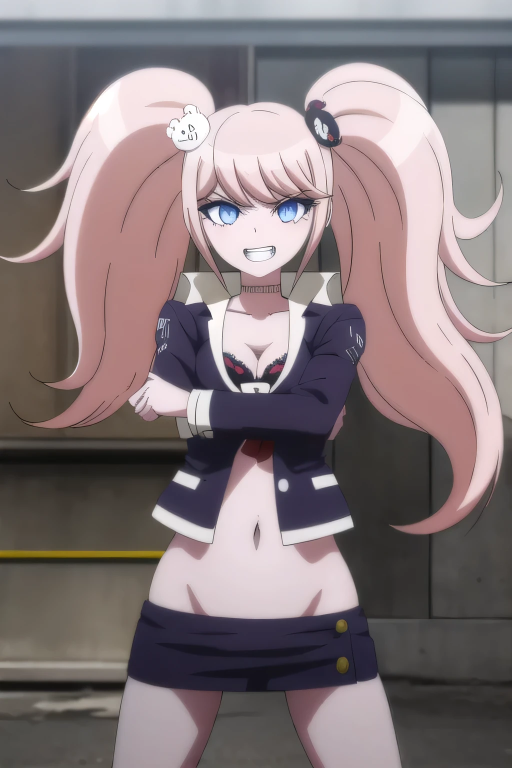 junkoenoshima, junko enoshima, long hair, bangs, blue eyes, pink hair, hair ornament, twintails, bear hair ornament, crazy smile, grin, 
masterpiece, best quality, highly detailed, a girls with a gun, open mouth, blazer, sexy gaze, (nsfw) not
safe for work, badass pose , evil smile, smile, black bra, anime girl with long hair, long haired girl,
navel, evil expression, exposed belly, exposed navel, exposed midriff, exposed lower belly, micro
miniskirt, micro pencil skirt, pencil skirt ,holding a gun, outdoor,street,road