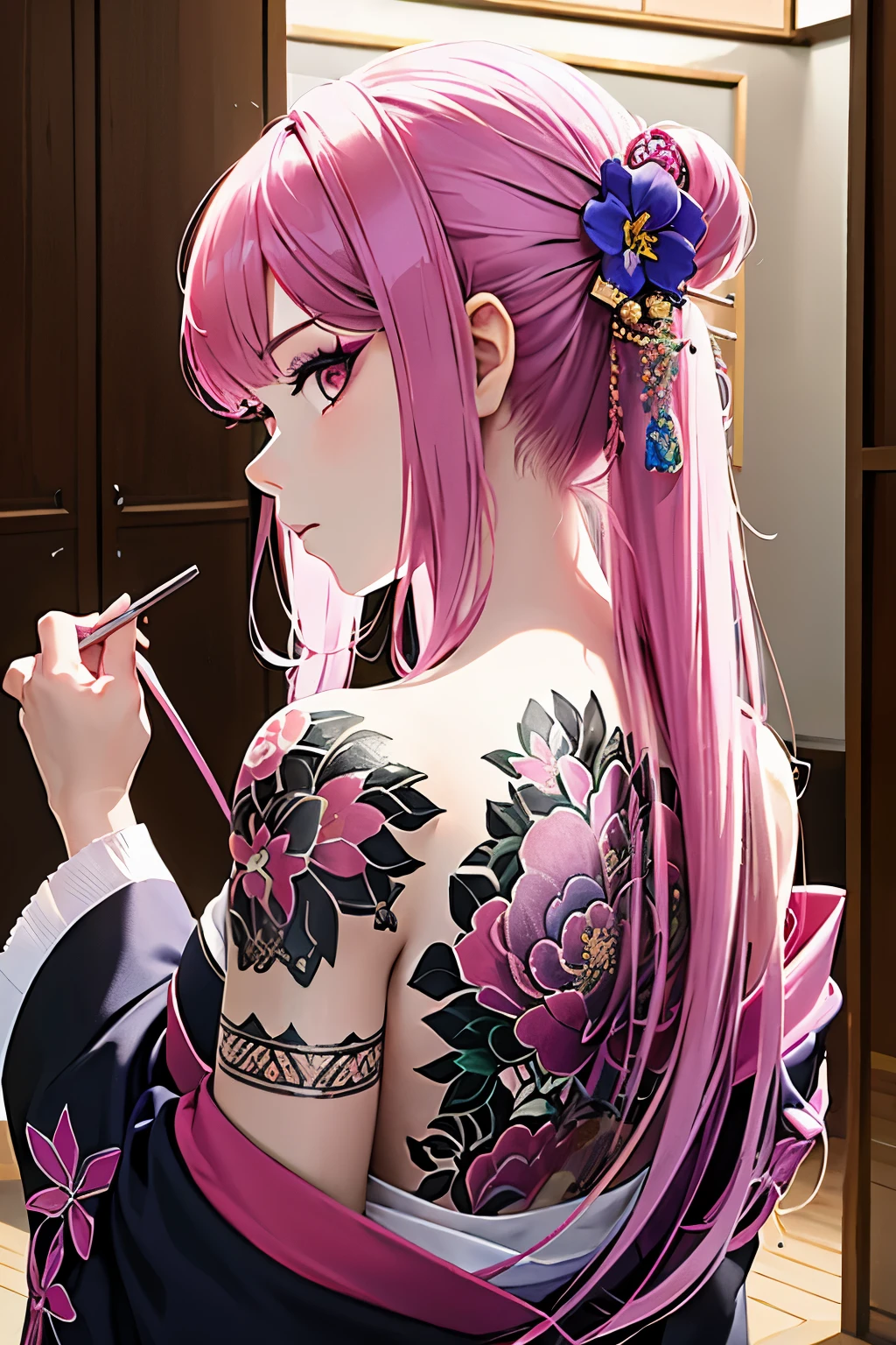 (masterpiece, top quality, best quality, official art, beautiful and aesthetic:1.2),1girl, tattoo, solo, japanese clothes, hair ornament, unsheathing, pink hair, sheath, back tattoo, violet eyes, off shoulder, bare shoulders, looking back, from behind, flower, looking at viewer, holding, makeup,
indoor, orejas de gato rosa