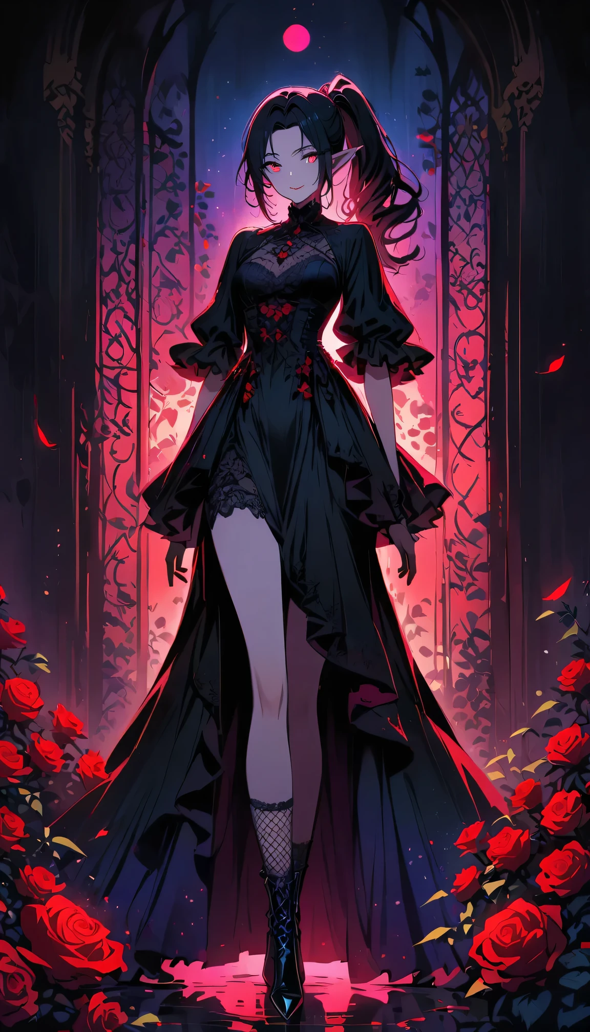 (dark atmosphere,Goethe fashion,bright colors),(best quality,Super exquisite,),Sexy goth elf girl,rose garden at night,beautiful and delicate eyes,Blue tip black straight ponytail,Crow feathers,red lipstick,mysterious smile,Pale complexion,fishnet stockings,black lace dress,Pointed-toe boots,mysterious aura,The moonlight reflects her elegant silhouette,Soft shadows and soft highlights,Contrasting colors create a vibrant atmosphere,Dark and moody color palette,Subtle yet dramatic lighting effects,Sublime darkness intertwined with exquisite moonlight