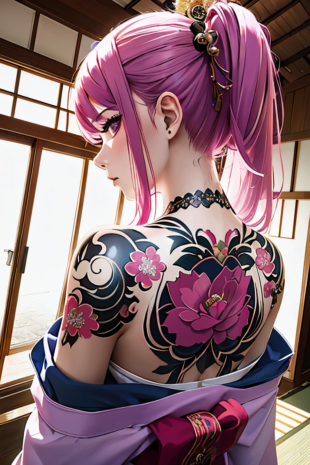 Calligraphy style, A japanse tattoo, A traditional japanese tattoo, Masterpiece, High quality, ultra details, A perfect skull with Japanese wave background and violet fire effects, skull, skull, skull, Upper arm tattoo, perfect skull anatomy, Super detailed, professional design by tattoo artist, Violet fire effects, 