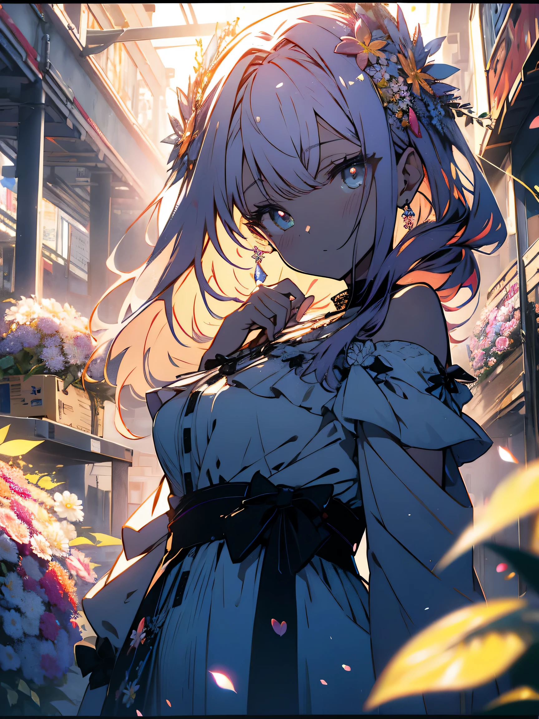 (very be familiar with anime、 8k wallpaper), lit, sea of flowers, flowers, (1 girl), whole body,(off shoulder dress、A lot of floral decorations)、 K-POPアイドル,colorful colors、bright atmosphere、(beautiful anime)、cute、(highest quality、masterpiece、High resolution、be familiar with)、(shining eyes、be familiar with美しい顔)