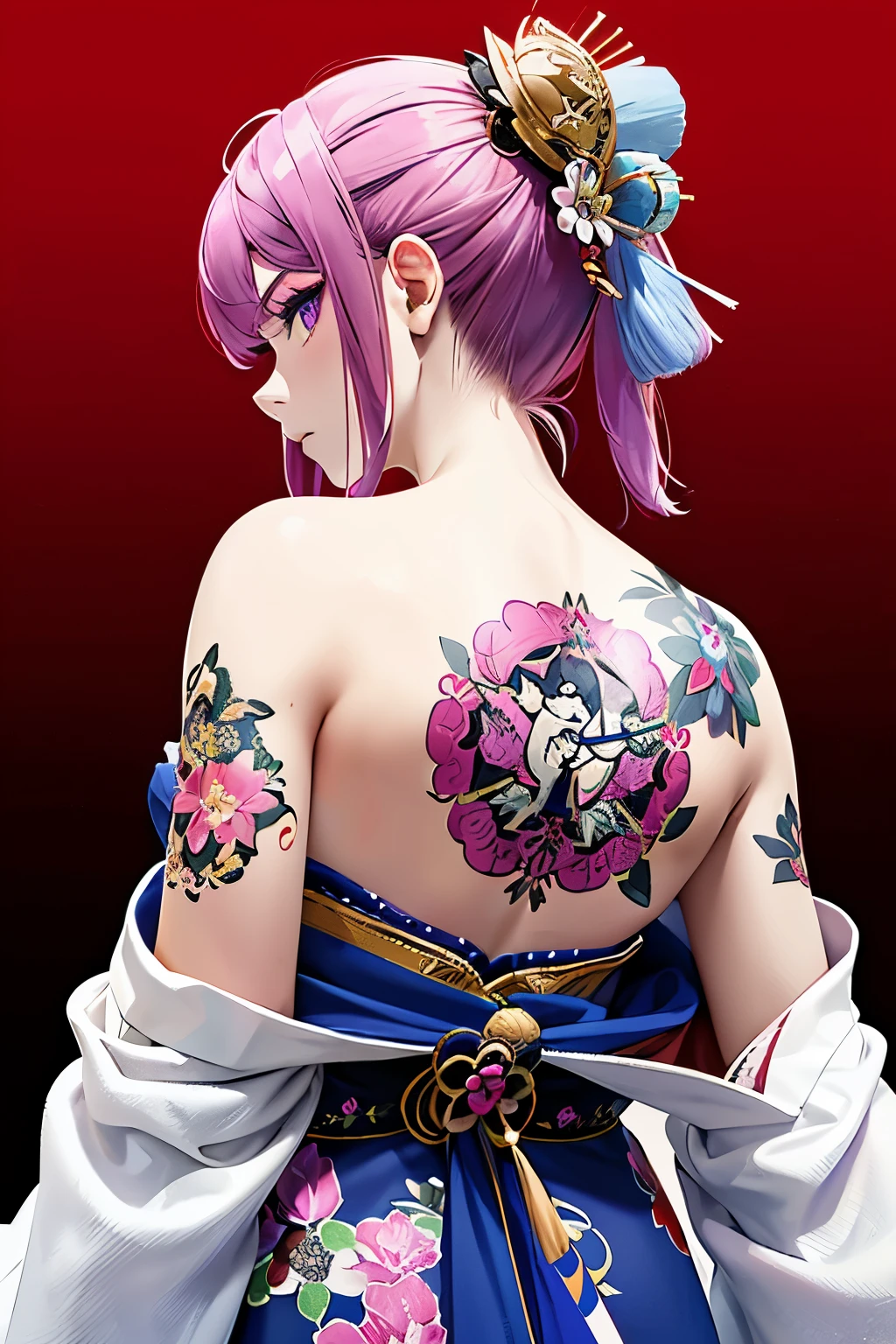 (masterpiece, top quality, best quality, official art, beautiful and aesthetic:1.2),1girl, tattoo, solo, japanese clothes,  hair ornament, unsheathing, pink hair, sheath, back tattoo, violet eyes,  off shoulder, bare shoulders, looking back, from behind, flower, looking at viewer,  holding, makeup, 
indoor,