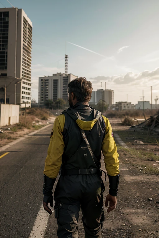 Generate a hyper-realistic image of a man walking alone on a deserted street in Goiânia Brazil after the Cesium 137 nuclear accident. The man must be seen from behind, wearing a full yellow radiation protection suit. The scene must be chaotic and inspired by the science fiction style, com riqueza em texturas e detalhes. a dystopian and cinematic look. Additional parameters: - Estilo de arte: Sci-fi Lighting: Cinematic, destacando o personagem e criando sombras realistas. - Texturas: Realistic details about the protective suit, buildings, e a paisagem desolada. -Ambiente: Adicione elementos que lembrem o desastre nuclear, as ruin and degradation. - Cor: Use uma paleta de cores escura e futurista, with an emphasis on neon tones. -Foco: Concentre-se no personagem, emphasizing loneliness and the post-apocalyptic environment. Ensure the generated image is high resolution and captures the desired sci-fi atmosphere. Experiment with adjusting the parameters as needed to achieve the desired result.