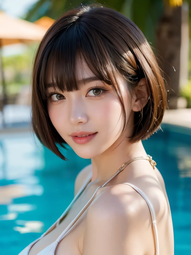 (masterpiece:1.2, highest quality), blur the background,Photographed with a camera with a wide-angle single focus lens,1 High school girl, (big breasts), cute swimwear, brown hair,bob cut hair,sexy pose,bright eyes,blushing face,Highly detailed face and skin texture, healthy skin,big smile, (tropical terrace),4K resolution