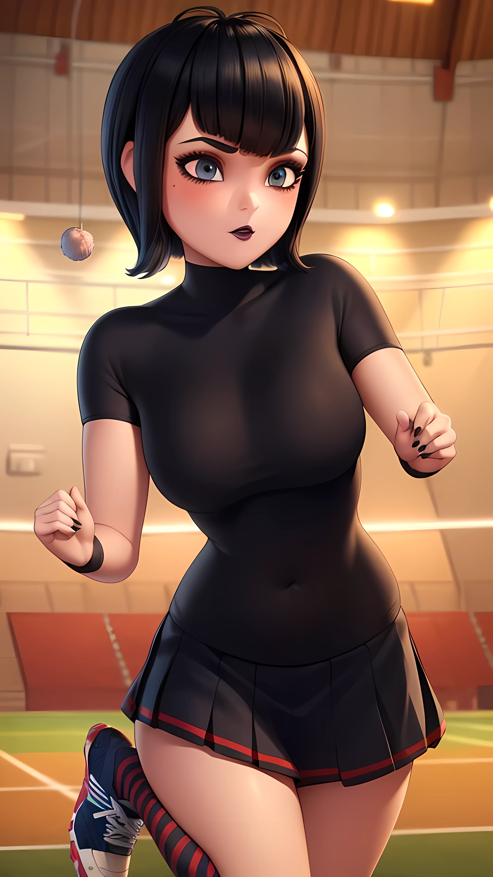 mevis, 1girl, cheerleader outfit, pom-poms, football court, short hair, black hair, solo focus, black eyes, stretching, makeup, lipstick, black lips, (insanely detailed, beautiful detailed face,beautiful detailed eyes, masterpiece, best quality) , solo, (full body)