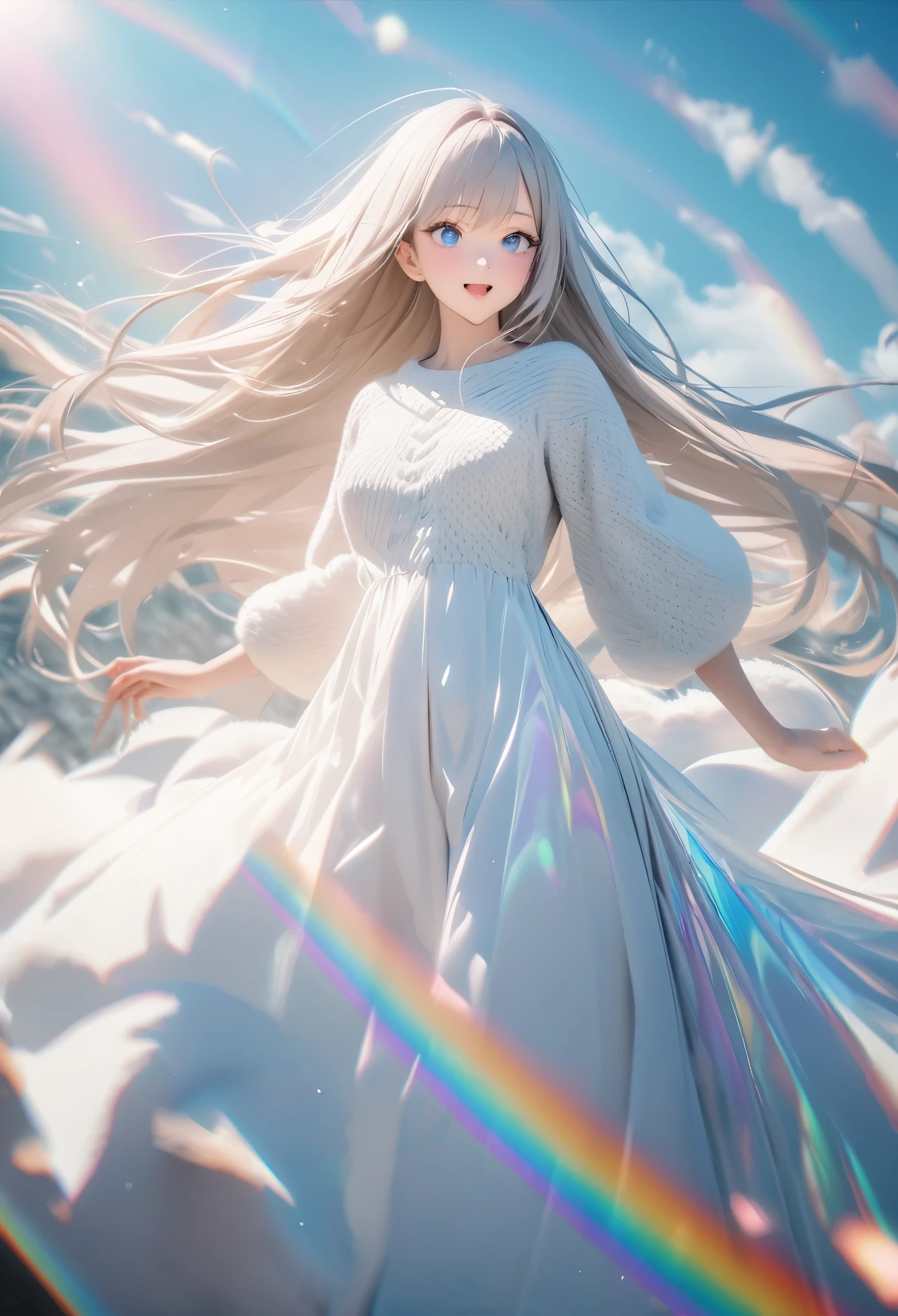 best quality, 8k, RAW photo, incredibly absurdres, extremely detailed, beautiful white woman, baby-faced, no makeup, excited look, wearing ivory fluffy long-pile knit long dress, slender, perfect proportions, white straight hair, (wind, wind-effect), blue eyes, background variety of visual styles that combine various artistic elements like a sparkling iridescent rainbow