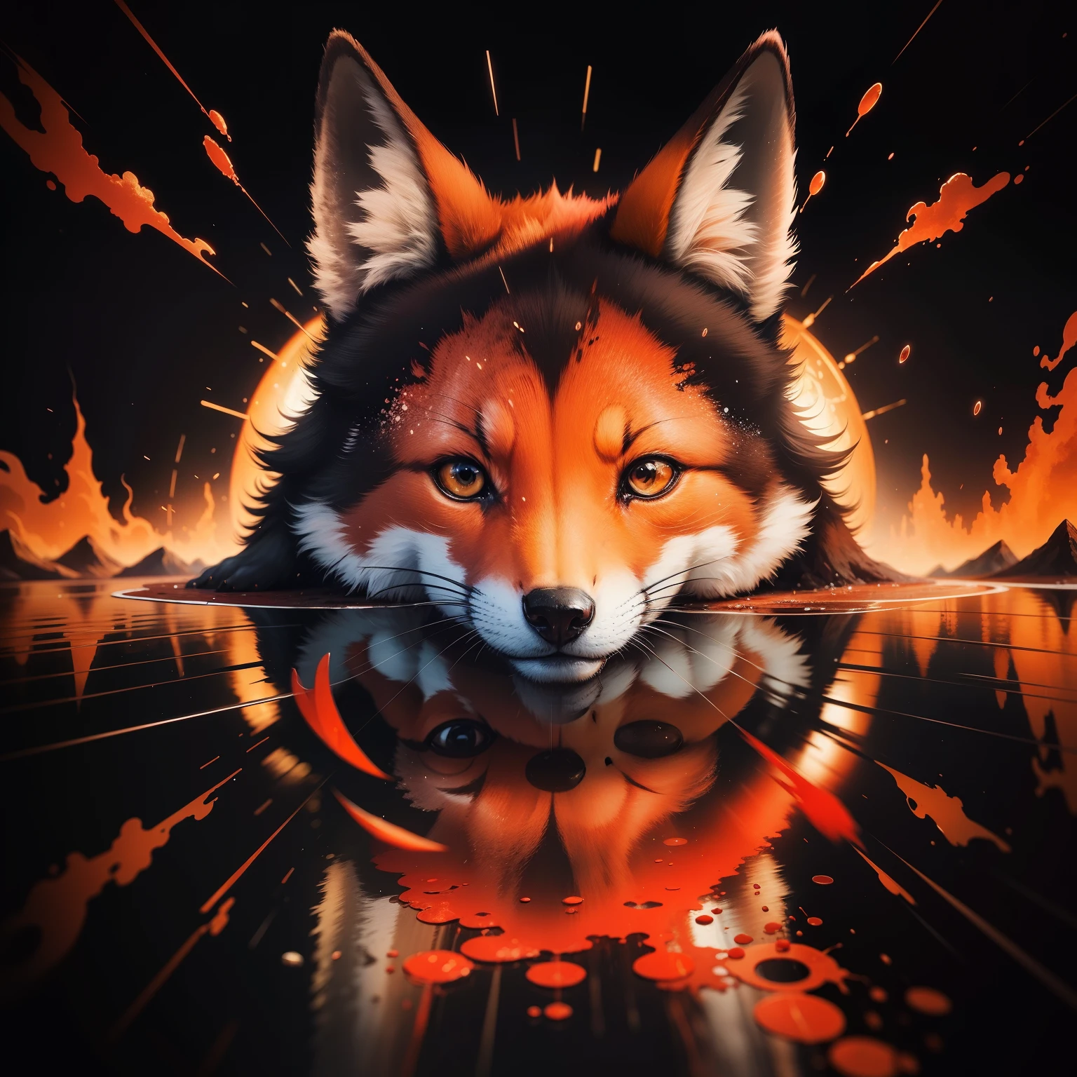 In the style of 0MIB, adorable red japanese fox, prismatic fragment, reflection fractal circle, ink splatter, melting brush strokes, particle vortex, dramatic lighting, high quality, beautiful, masterpiece,