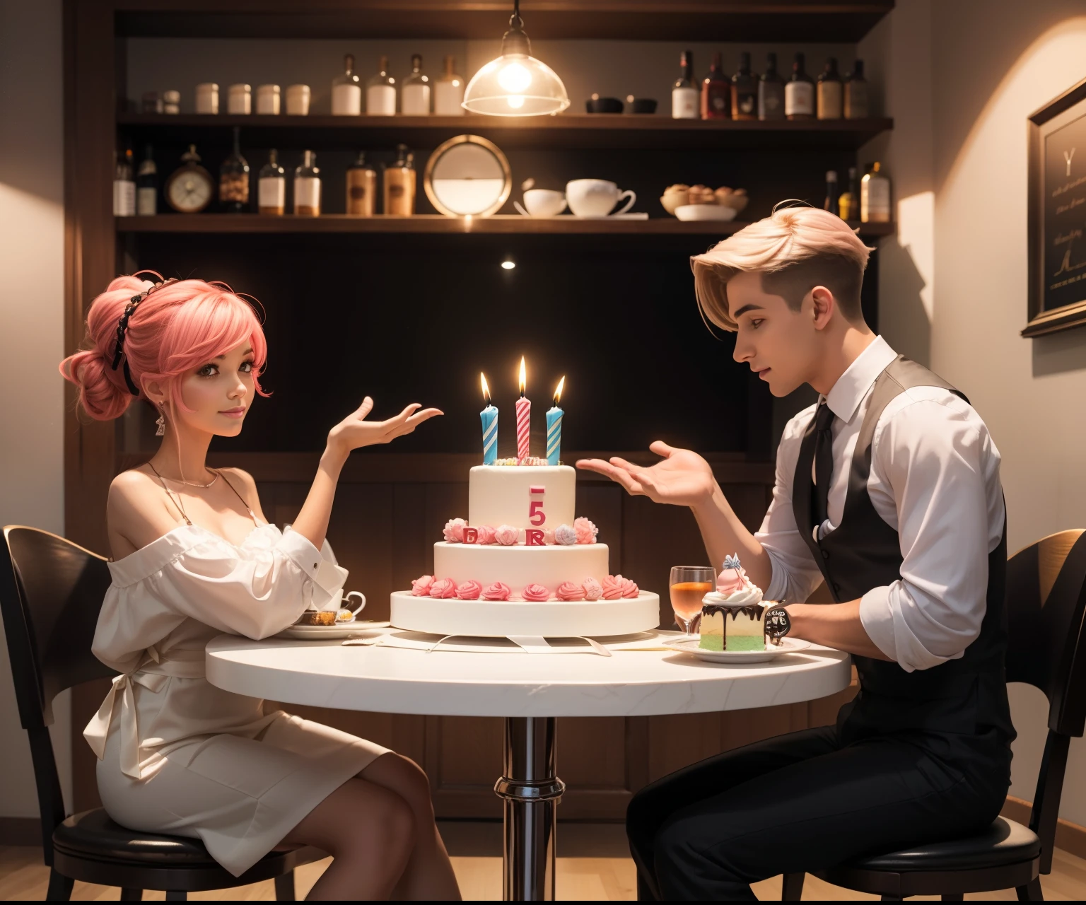 4 people in the birthday room with gifts and a cake, con rostros bien detallados y hermosos, con un rostros muy detallado y hermoso, ojos bien detallados y hermosos, color del pelo rosa, blanco, negro, cafe