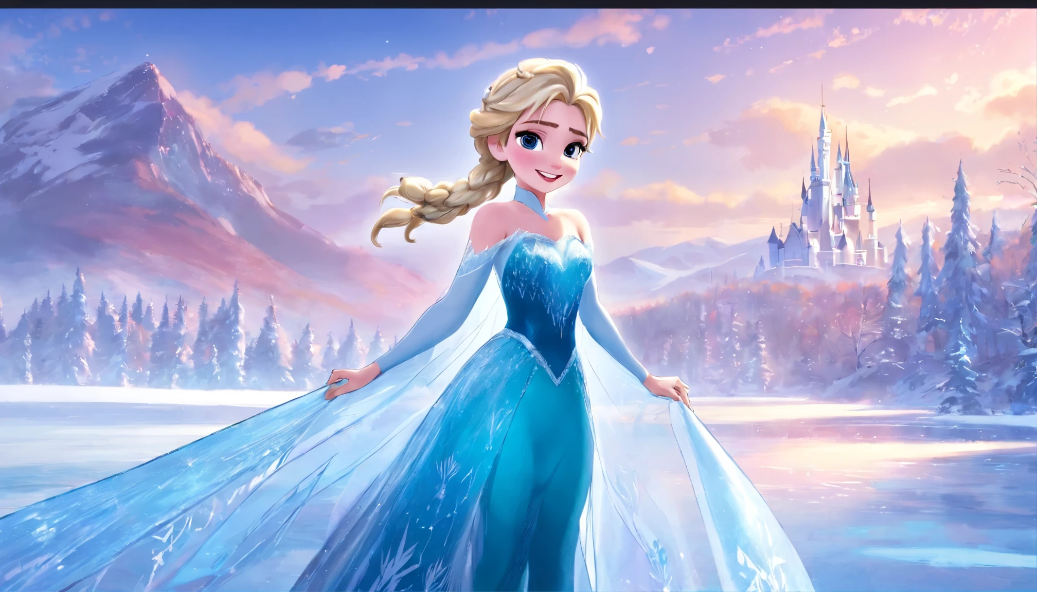 Disney Frozen Theme，The picture is a blue ice and snow background，The beautiful Princess Elsa is standing on the left side of the picture，Olaf is standing on the right，There is a blank frame in the middle，Princess Elsa and Olaf guide the camera to look into the frame，The picture is very lively and cute，Princess Elsa and Olaf smiling