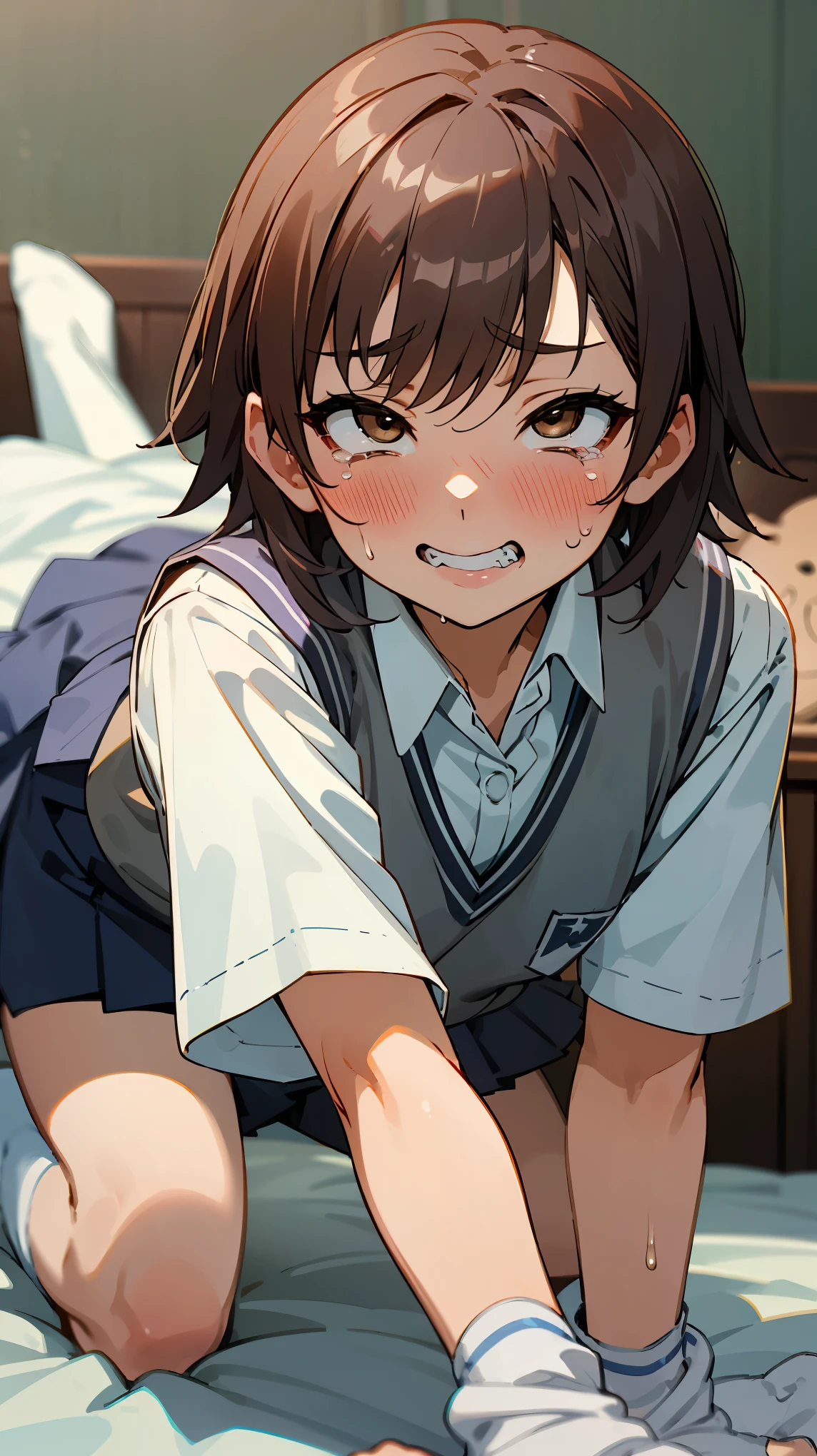  masterpiece,best quality, superior_Mikoto,alone, brown eyes, short_hair, small_chest, Student uniforms, tokiwadai_School_uniform, white shirt, sweater vest, gray mini skirt, , white loose socks, Sweat,simple bed、simple bedroom、Ahegao、激しいAhegao、your face when you climax、発情してSweatをかく、blush、runny nose and tears、human dog suit、restraints、get down on all fours、It&#39;s painful and I grit my teeth、grin、bite your lip