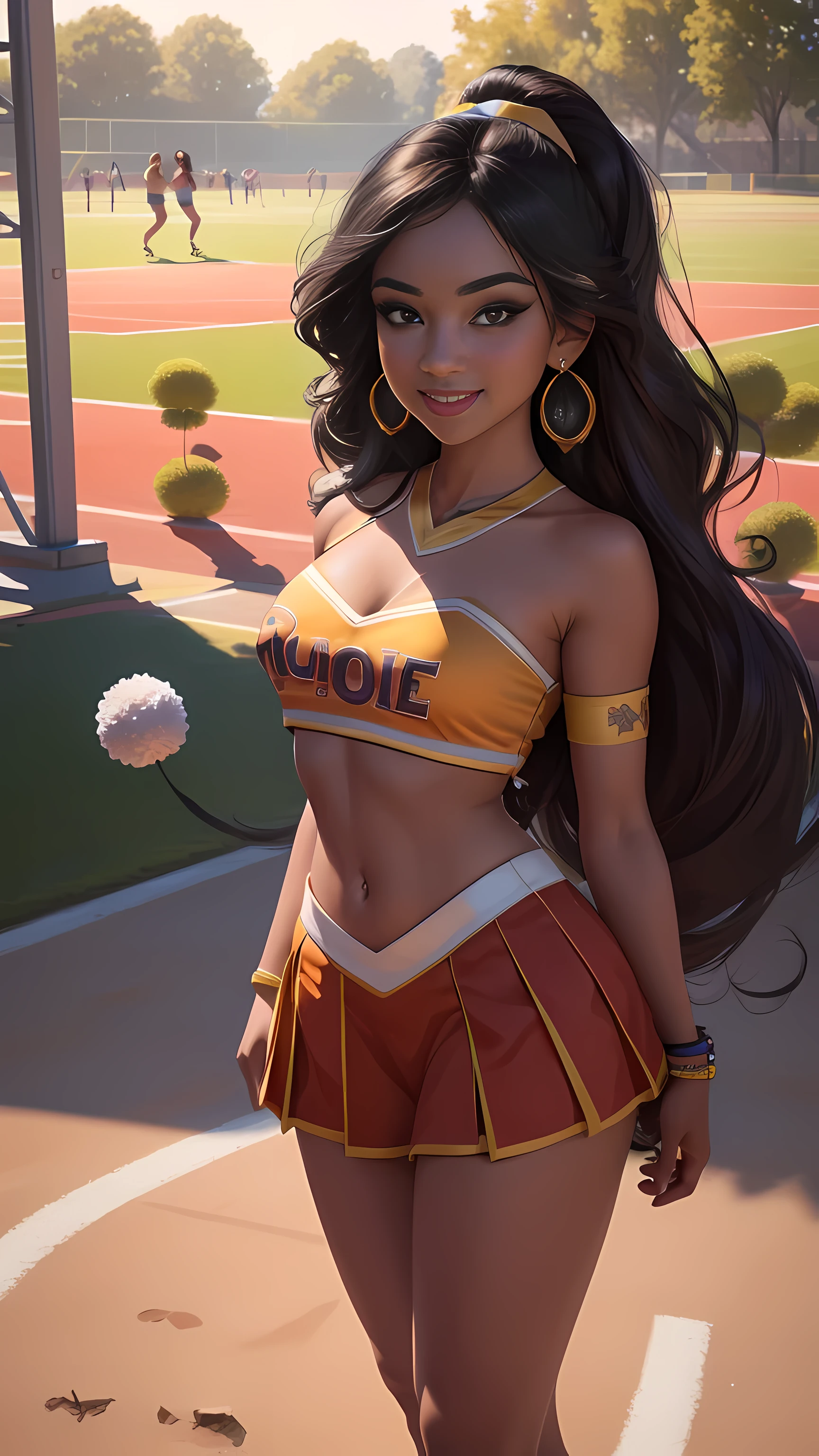 jasmine  1girl,  cheerleader outfit, pom-poms, football court, solo, (full body), looking at viewer, smile, jewelry, full body, earring, makeup

(realistic:1.2), (realism), (masterpiece:1.2), (best quality), (ultra detailed), (8k, 4k, intricate),(85mm),light particles, lighting, (highly detailed:1.2),(detailed face:1.2), (gradients), colorful,(detailed eyes:1.2),(detailed background),detailed landscape, (dynamic angle:1.2), (rule of third_composition:1.3), (Line of action:1.2)