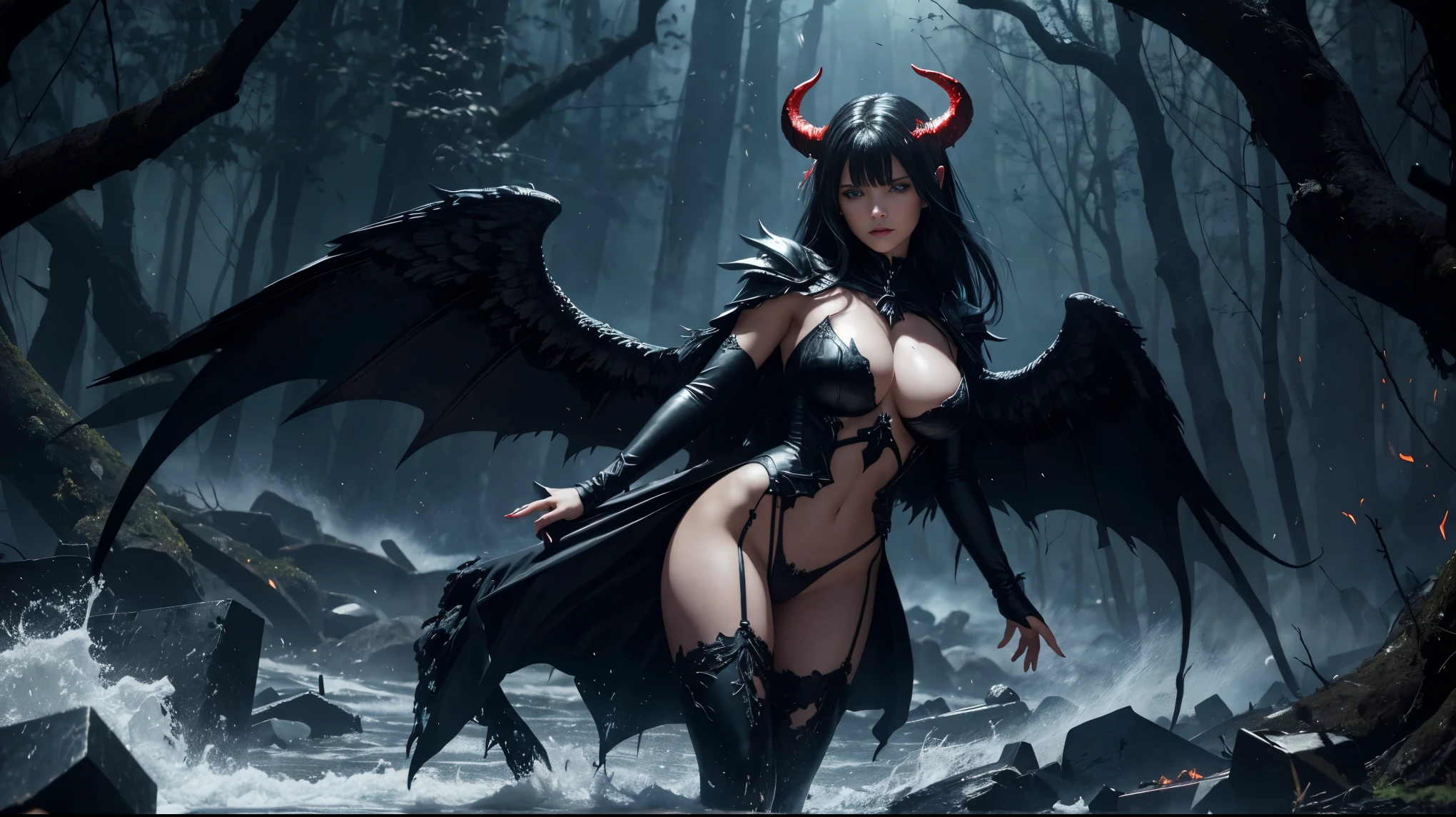 Ultra-detailed French girl, s ago, angel, Fallen angel, Black angel, big wings, Black feather, beautiful breastseyes, showing great cleavage, darkil creature, skull, Black thorn hair ornament, Blood red roses, Dark red clothing , Black Crown Her demon wings on her back and demon horn give her an invincible aura as she unleashes a powerful wave of destruction with a single gesture. Fire, flames, blood, red lightning, waterfalls, river of blood, raining blood, naked body