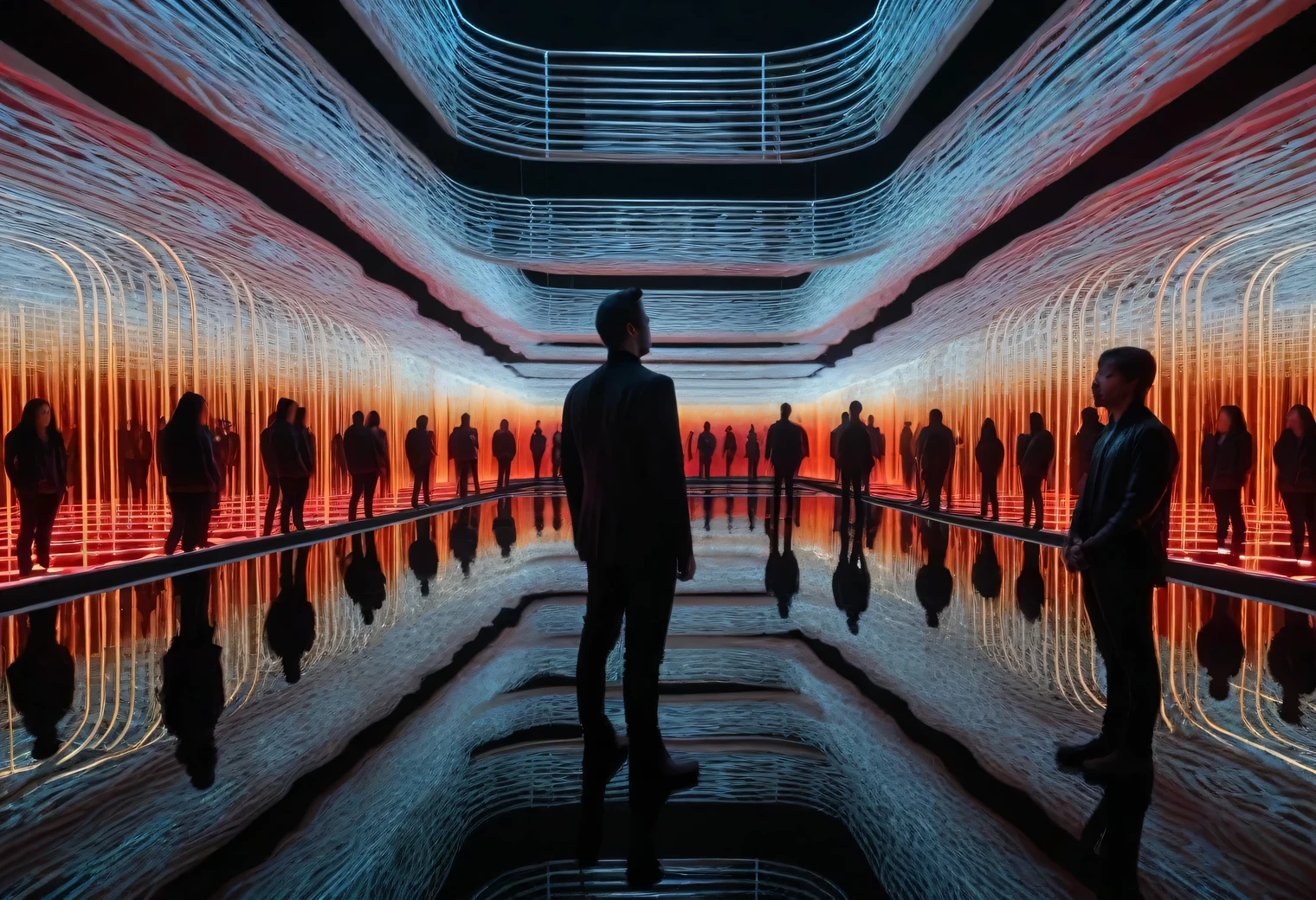 The Art of Reflection, Mirror maze, a man stands in the center of a Mirror maze, Mirrored walls, an infinite number of human reflections, photographic, realistic, detailed