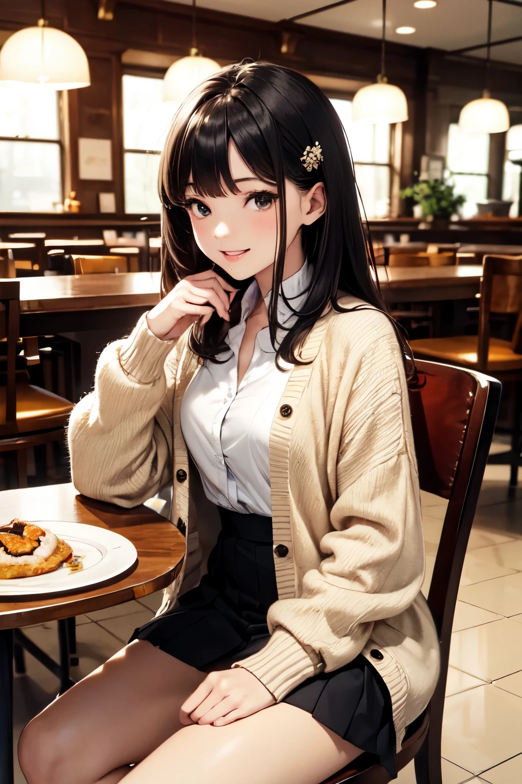 very cute and beautiful girl sitting on chair in antique retro restaurant,(highly detailed beautiful face),
white blouse,laugh,(beige cardigan:1.2) BREAK dynamic angle,hair ornament,black hair,pleated black mini skirt,
(cups of tea),(apple pie on plate),distant some persons at table,depth of field,
(best quality,masterpiece),absurdres,highres,ultra-detailed,extremely detailed,32k,8k resolution,
intricate details,cinematic scene,detailed background,solo,dynamic angle,