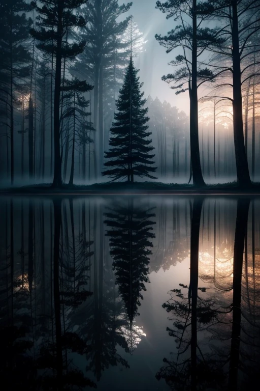 
            The mysterious atmosphere of light and shadow art. The silhouette of a big tree merges with the vast space. The reflection of the lake behind creates a sense of interconnection. Calm and dreamy fog. High-definition minimalist atmosphere. Ethereal and mysterious Zen style. High details.,super quality,High resolution,Ultra HD Minimalist Cinematic Lighting Effects Highly Detailed Digital Art，fantasy art behavior，surreal