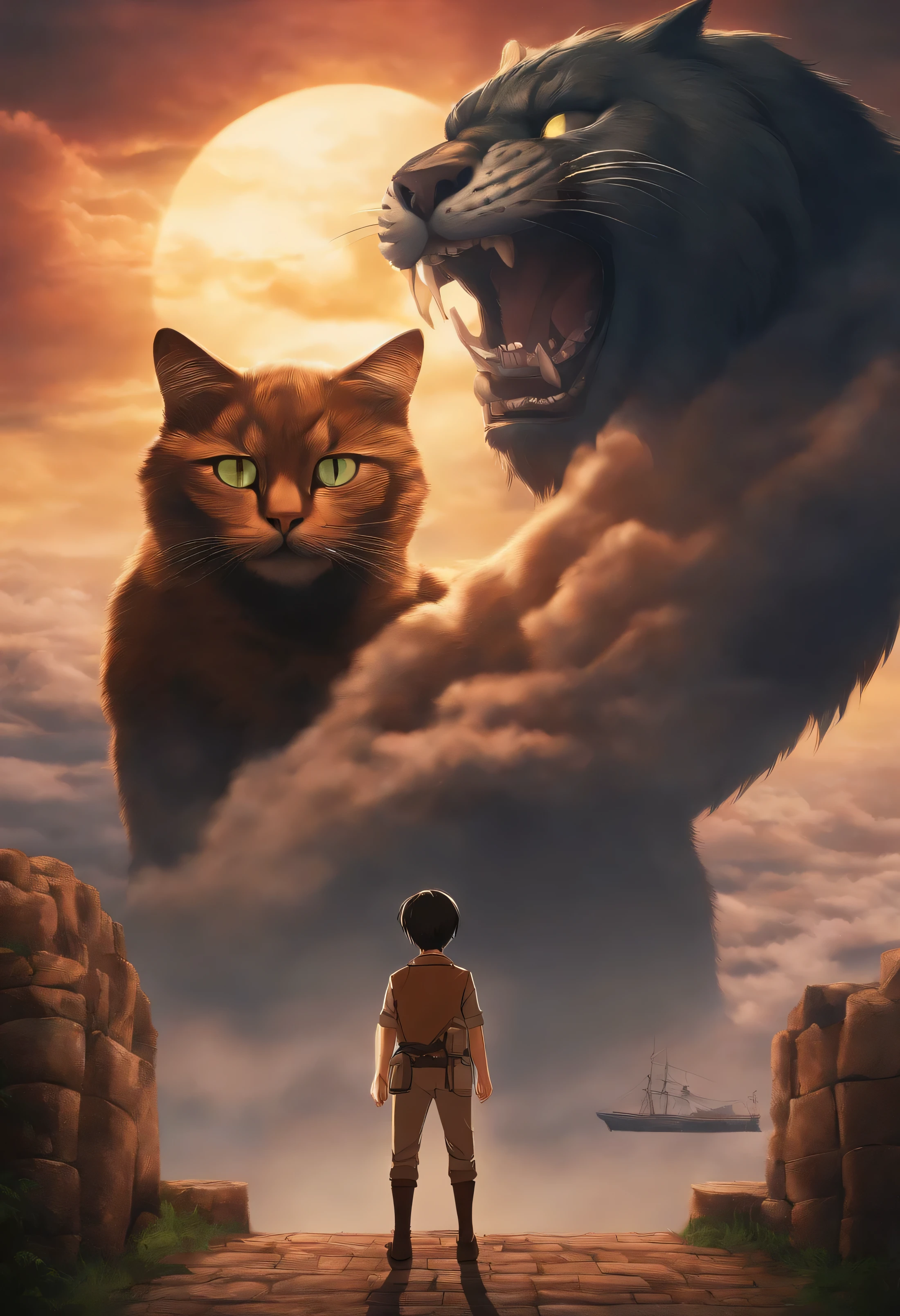 Make me a movie poster in the style of Studio Ghibli's Spirited Away with Attack on Titan's Eren Yaeger, with a large cat as the protagonist