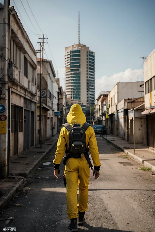 Generate a hyper-realistic image of a man walking alone on a deserted street in Goiânia in Brazil after the Cesium 137 nuclear accident. Anos 90, The man must be seen from behind, wearing a full yellow radiation protection suit. The scene must be chaotic and inspired by the science fiction style, com riqueza em texturas e detalhes. a dystopian and cinematic look. Insira alguns lixos espalhados pela rua, an old x-ray machine, ruinas de um hospital. Additional parameters: - Estilo de arte: Sci-fi Lighting: Cinematic, destacando o personagem e criando sombras realistas. - Texturas: Realistic details about the protective suit, buildings, e a paisagem desolada. -Ambiente: Adicione elementos que lembrem o desastre nuclear, as ruin and degradation. - Cor: Use uma paleta de cores escura e futurista, with an emphasis on neon tones. -Foco: Concentre-se no personagem, emphasizing loneliness and the post-apocalyptic environment. Ensure the generated image is high resolution and captures the desired sci-fi atmosphere. Experiment with adjusting the parameters as needed to achieve the desired result.