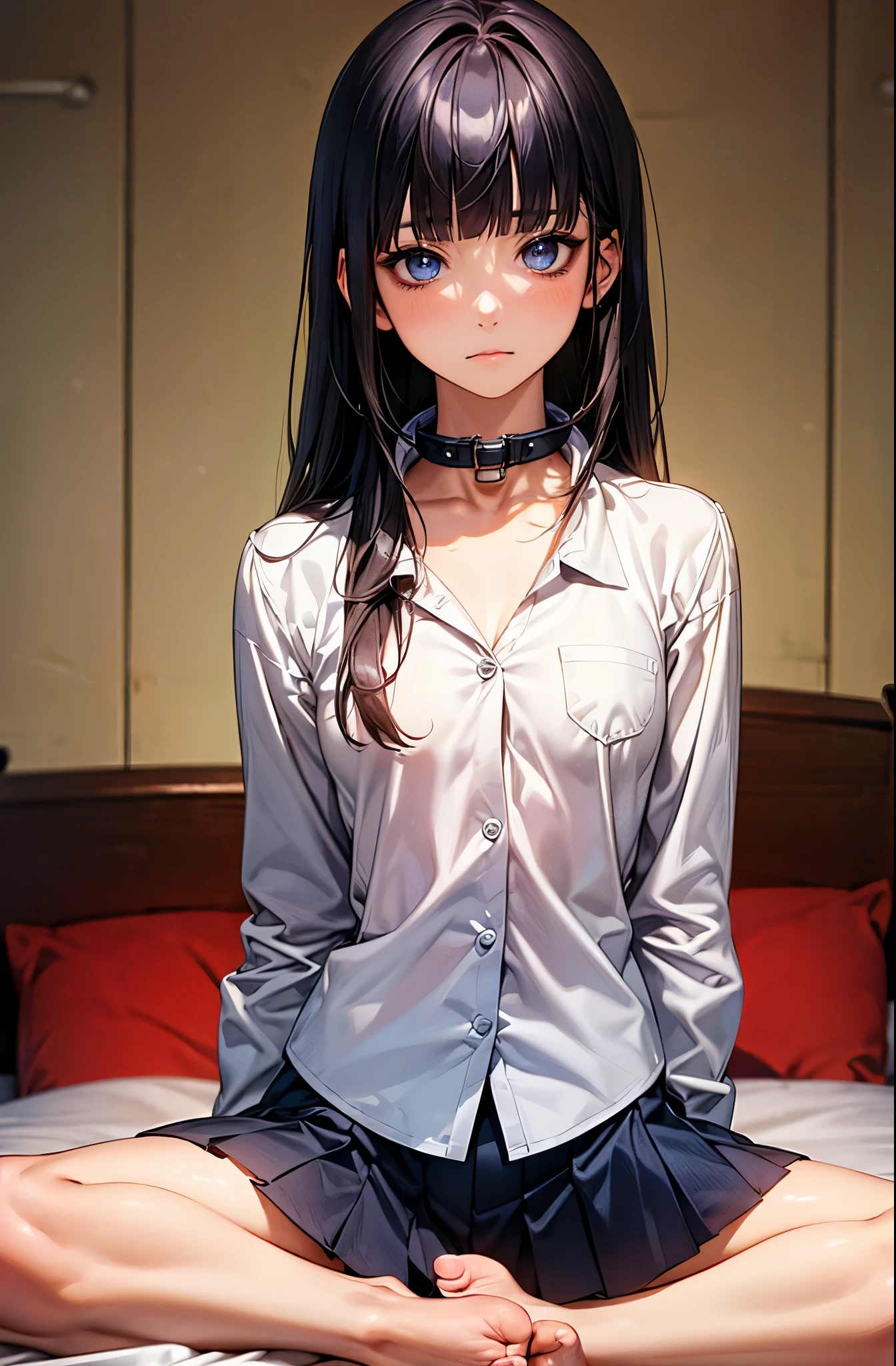 nsfw,((perfect anatomy:1.2,realistic,:1.3,RAW Photography:1.3,masterpiece、highest quality、Ultra - High resolution、High resolution、Highly detailed CG、8K)),cowboy shot,1 female,solo,20-year-old,beauty of japan,beautiful detailed face and eyes,big and gorgeous eyes,dark blue eyes,(black hair,long hair,blunt bangs),(medium breasts,slender body,small head:1.4, skinny), glowing skin,oily skin,sitting,legs up:1.5,((shackles:1.3,white shirt with collar、long sleeve、navy pleated mini skirt、vagina,cum in vagina:1.5,barefoot))、simple bed、Inside the prison、a dark prison、Tokyo、