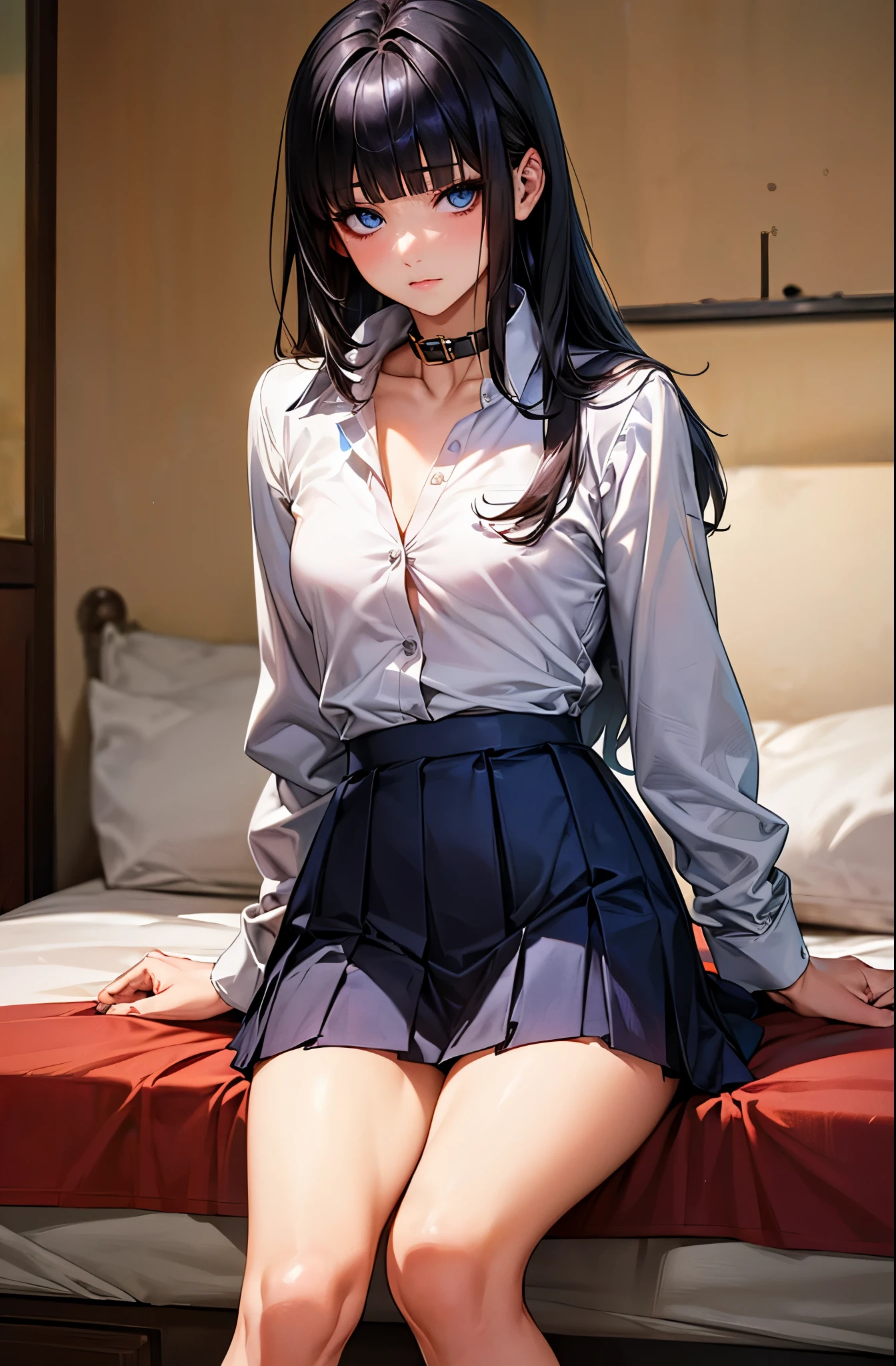 nsfw,((perfect anatomy:1.2,realistic,:1.3,RAW Photography:1.3,masterpiece、highest quality、Ultra - High resolution、High resolution、Highly detailed CG、8K)),cowboy shot,1 female,solo,20-year-old,beauty of japan,beautiful detailed face and eyes,big and gorgeous eyes,dark blue eyes,(black hair,long hair,blunt bangs),(medium breasts,slender body,small head:1.4, skinny), glowing skin,oily skin,sitting,legs up:1.5,((shackles:1.3,white shirt with collar、long sleeve、navy pleated mini skirt、vagina,cum in vagina:1.5,barefoot))、simple bed、Inside the prison、a dark prison、Tokyo、