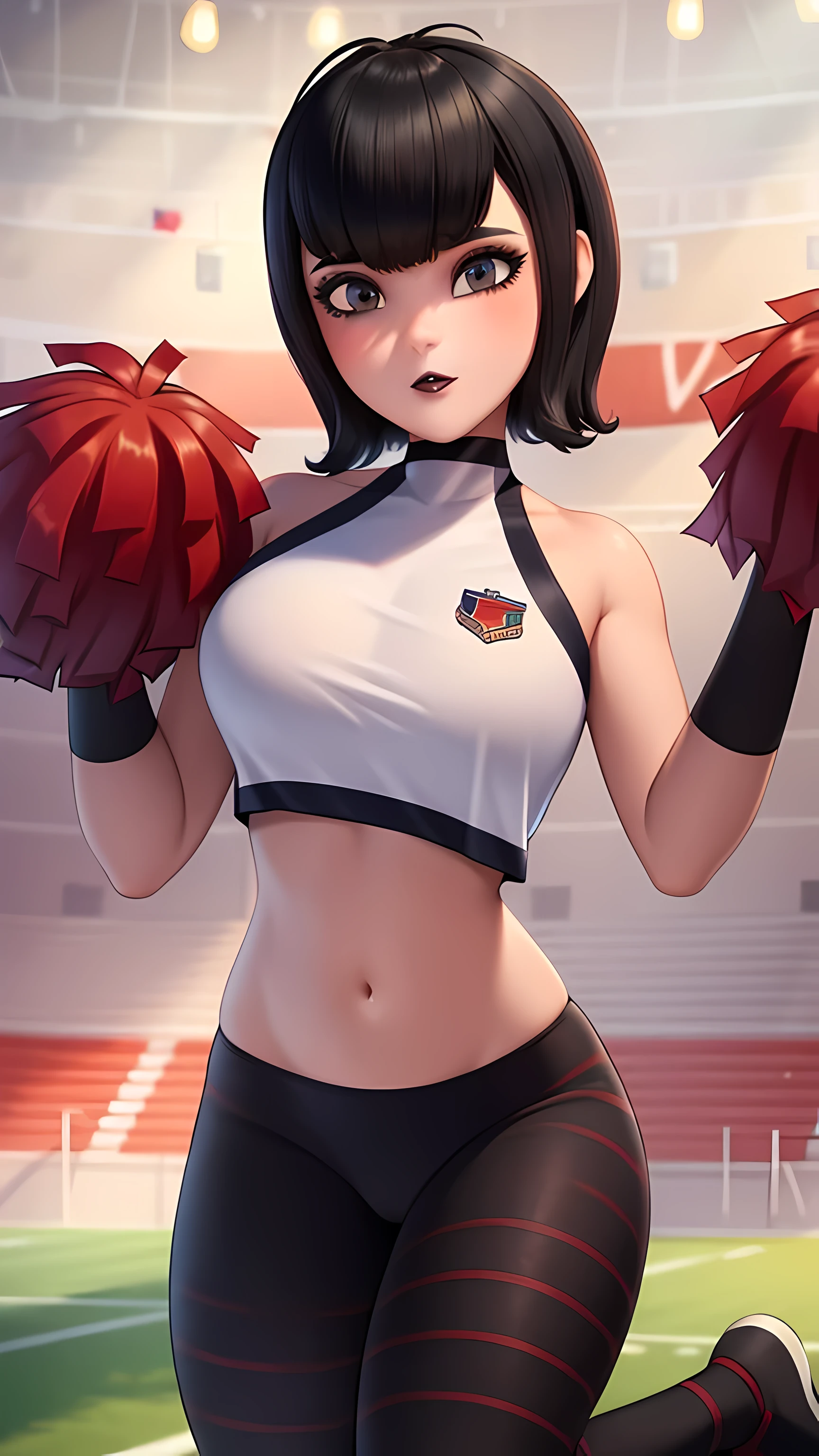 mevis, 1girl, cheerleader outfit, pom-poms, football court, short hair, black hair, solo focus, black eyes, stretching, makeup, lipstick, black lips, (insanely detailed, beautiful detailed face,beautiful detailed eyes, masterpiece, best quality) , solo, (full body)