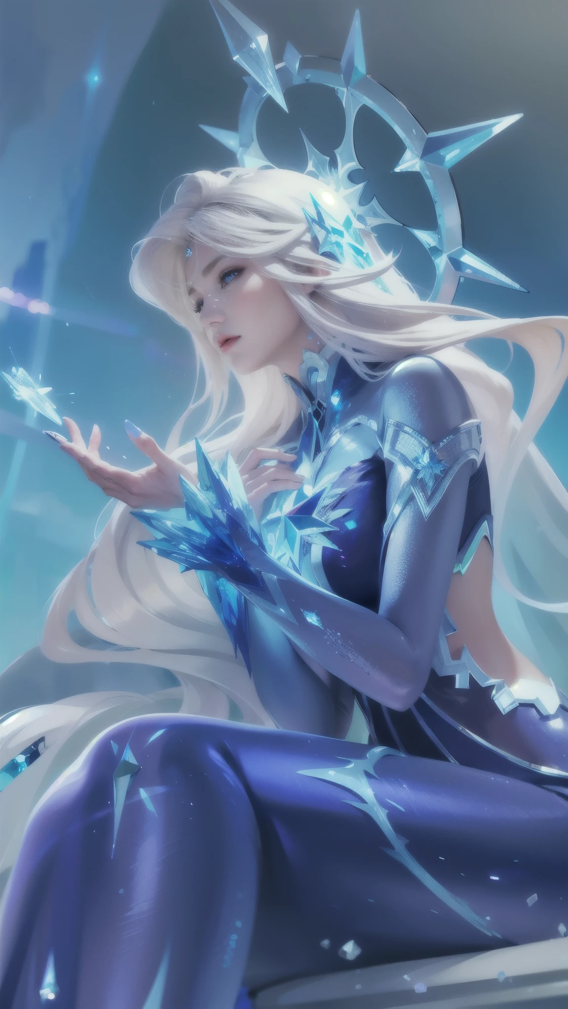 (female:1.2), 8k, ultra hd, ultra detailed texture, hyper realistic, masterpiece, detailed texture, detailed face, detailed skin, detailed lighting, (photorealistic:1.5), best quality, beautiful lighting, cinematic lighting, professional lighting, ultra highres, realistic, detailed hair, real hair, high quality, (realskin:1.5), extremely detailed, finely detail, ultra-detailed, red lips, long hair, white hair, aurora \(mobile legends\), depth of field, white skin, amazing pose, outdoors, glowing, there is a woman sitting on a rock with a crystal in her hand, ice sorceress, queen of ice and storm, ice mage, ice queen, crystalline skin, beautiful ancient frost witch, ice spell, goddess of winter, beautiful celestial mage, crystal maiden, blue eyes
