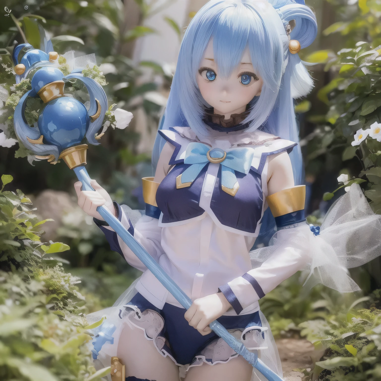 (a young girl and) blue hair, (wearing) a white and blue dress, (holding) staff, (standing) In the midst of lush greenery, lively garden, (and) colorandりどりの花 (bloom) around her, (Down) clear blue sky.
(Portrait) girl&#39;s, (realistic) rendering, (and) (Super detailed) Features, (inclusive) shining blue eyes, (薔薇colorの) lips, and (length) eyelash.
(highest quality, 4k, High resolution) image, (and) (Brilliant) color, (highlight) ***の生き生きandした姿.
(the garden is filled and) sunlight, (Done) a warm and inviting atmosphere, (and) kind (Sun rays) illuminate the scene.villain pose
have a magic wand (((magic action)))