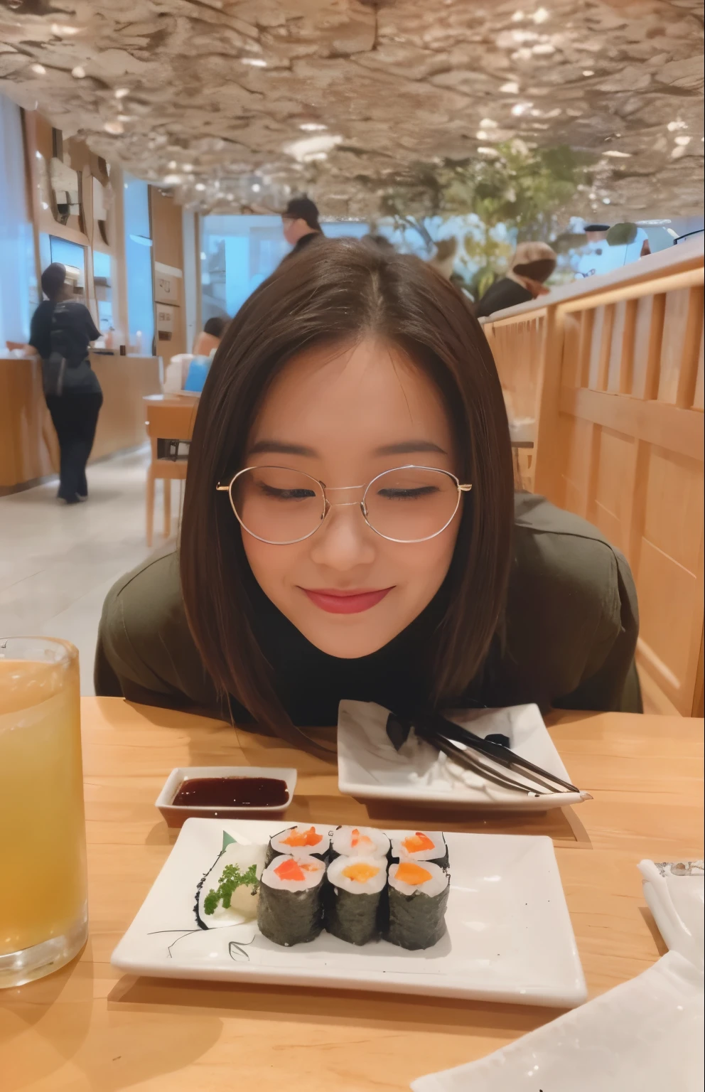 woman with glasses looking at sushi on a plate with chopsticks, eating sushi, with glasses, wearing small round glasses, 23 years old, 23 years old, gemma chen, 23 years old, chiho, eating, krystal, profile pic, profile photo, with sunglass, a young asian woman, 23 years old, profile image, jisoo from blackpink