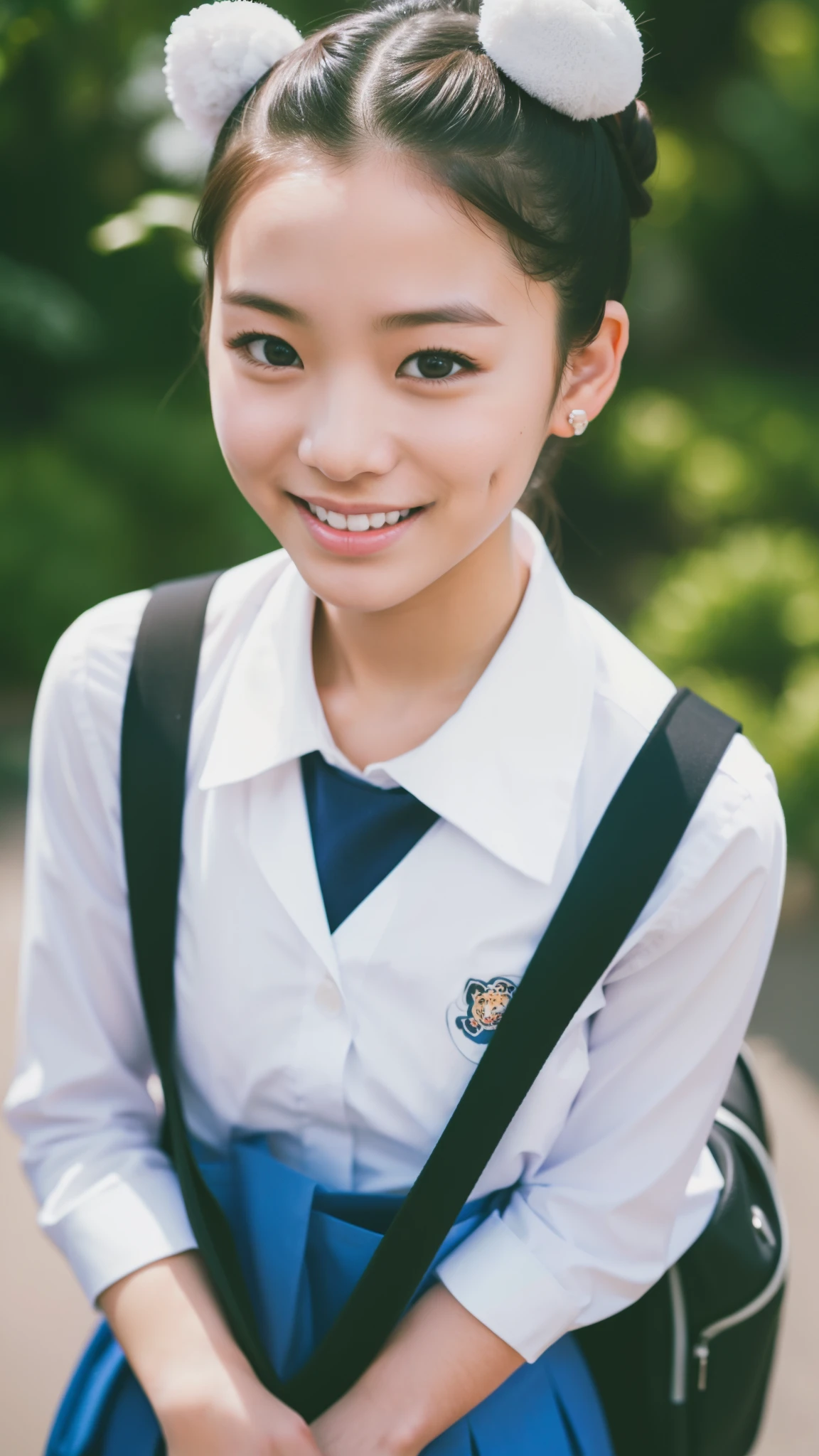 The one with two buns on his head，Spring school uniform，bag，Cute tiger teeth，look at me and smile, close-up photo, Photos taken with Canon EOS R5 DSLR camera, Light, Super real photos, intricate details, Her face is very delicate