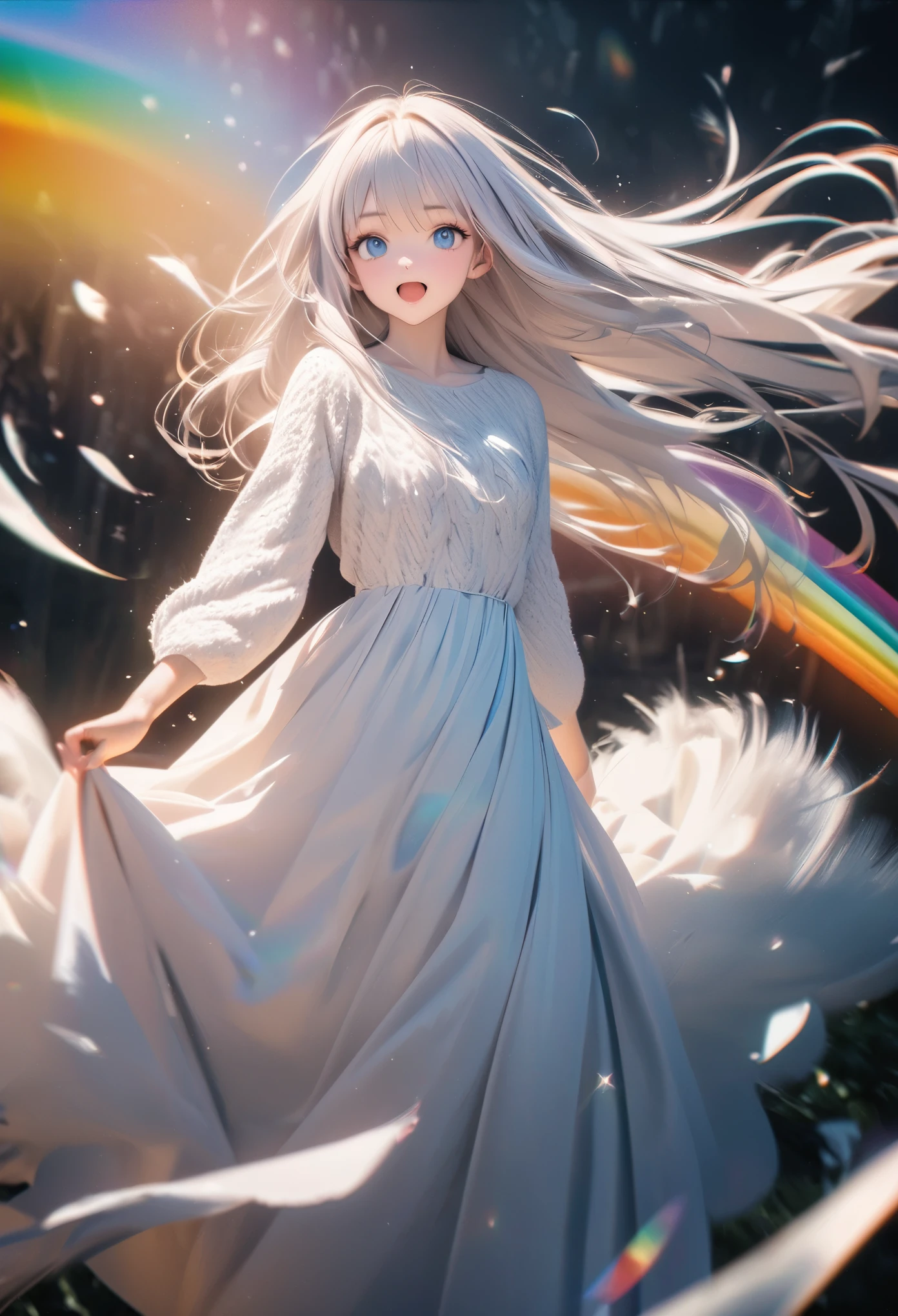 best quality, 8k, RAW photo, incredibly absurdres, extremely detailed, white intelligent beauty, -face makeup, excited look, wearing ivory fluffy long-pile knit long dress, slender, perfect proportions, white straight hair, (wind, wind-effect), blue eyes, background variety of visual styles that combine various artistic elements like a sparkling iridescent rainbow