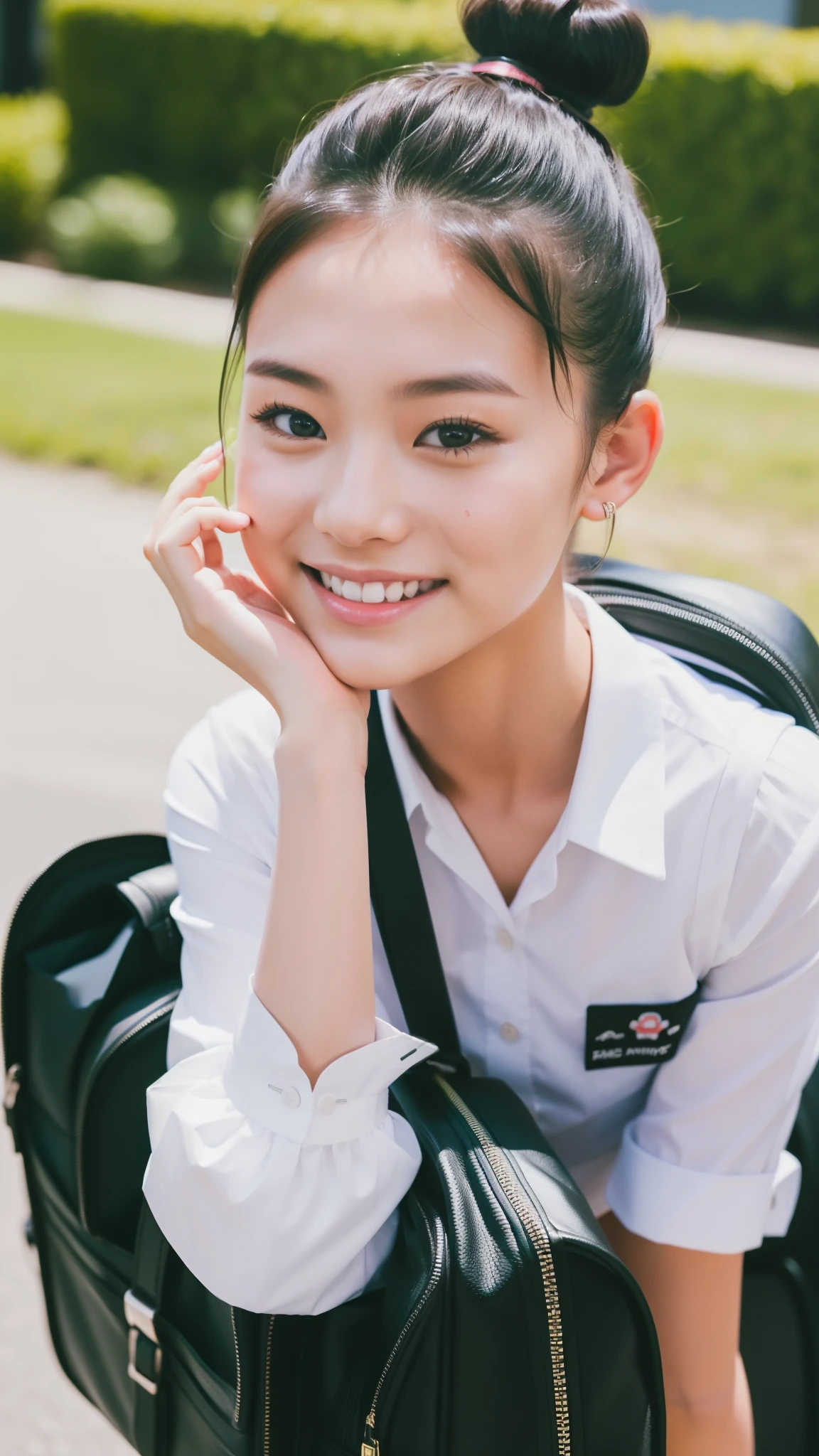 The one with two buns on his head,Spring school uniform,bag,Cute tiger teeth,look at me and smile, close-up photo, Photos taken with Canon EOS R5 DSLR camera, Light, Super real photos, intricate details, Her face is very delicate