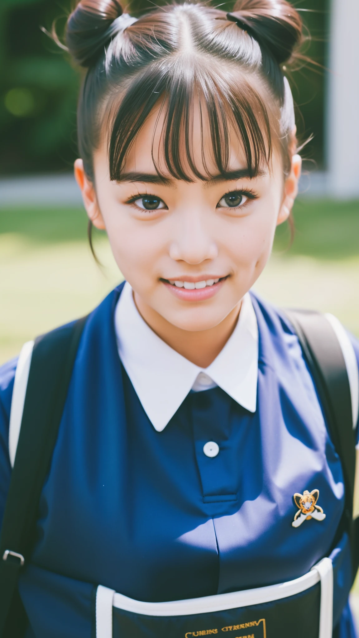 The one with two buns on his head，Spring school uniform，bag，Cute tiger teeth，look at me and smile, close-up photo, Photos taken with Canon EOS R5 DSLR camera, Light, Super real photos, intricate details, Her face is very delicate