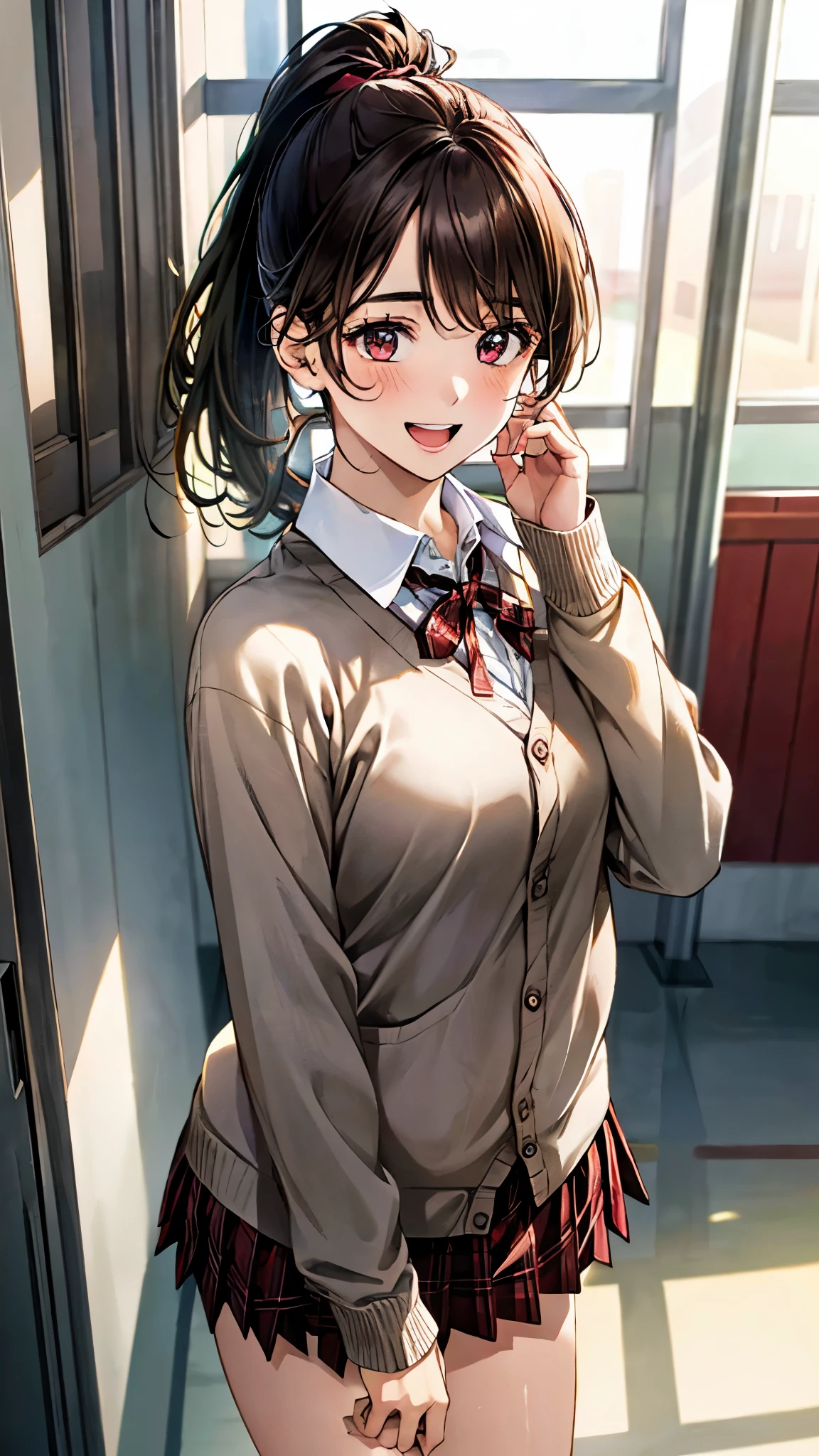 (masterpiece:1.3, top-quality, ultra high res, ultra detailed), (realistic, photorealistic:1.4), beautiful illustration, perfect lighting, natural lighting, colorful, depth of fields, 
beautiful detailed hair, beautiful detailed face, beautiful detailed eyes, beautiful clavicle, beautiful body, beautiful chest, beautiful thigh, beautiful legs, beautiful fingers, 
looking at viewer, front view:0.6. 1 girl, japanese, high school girl, perfect face, (perfect anatomy, anatomically correct), cute and symmetrical face, face, , shiny skin, 
(short hair:1.7, high ponytail:1.6, brown hair), crossed bangs, dark brown eyes, slant eyes, long eye lasher, (medium breasts), slender, 
((collared white shirt, dark red plaid pleated skirt, dark red neck ribbon)), navy school socks, , ((long sleeve (navy) cardigan with white line), (closed cardigan))), 
(beautiful scenery), evening, (school hallway), standing, (hand in hair), (happy smile, open mouth), 