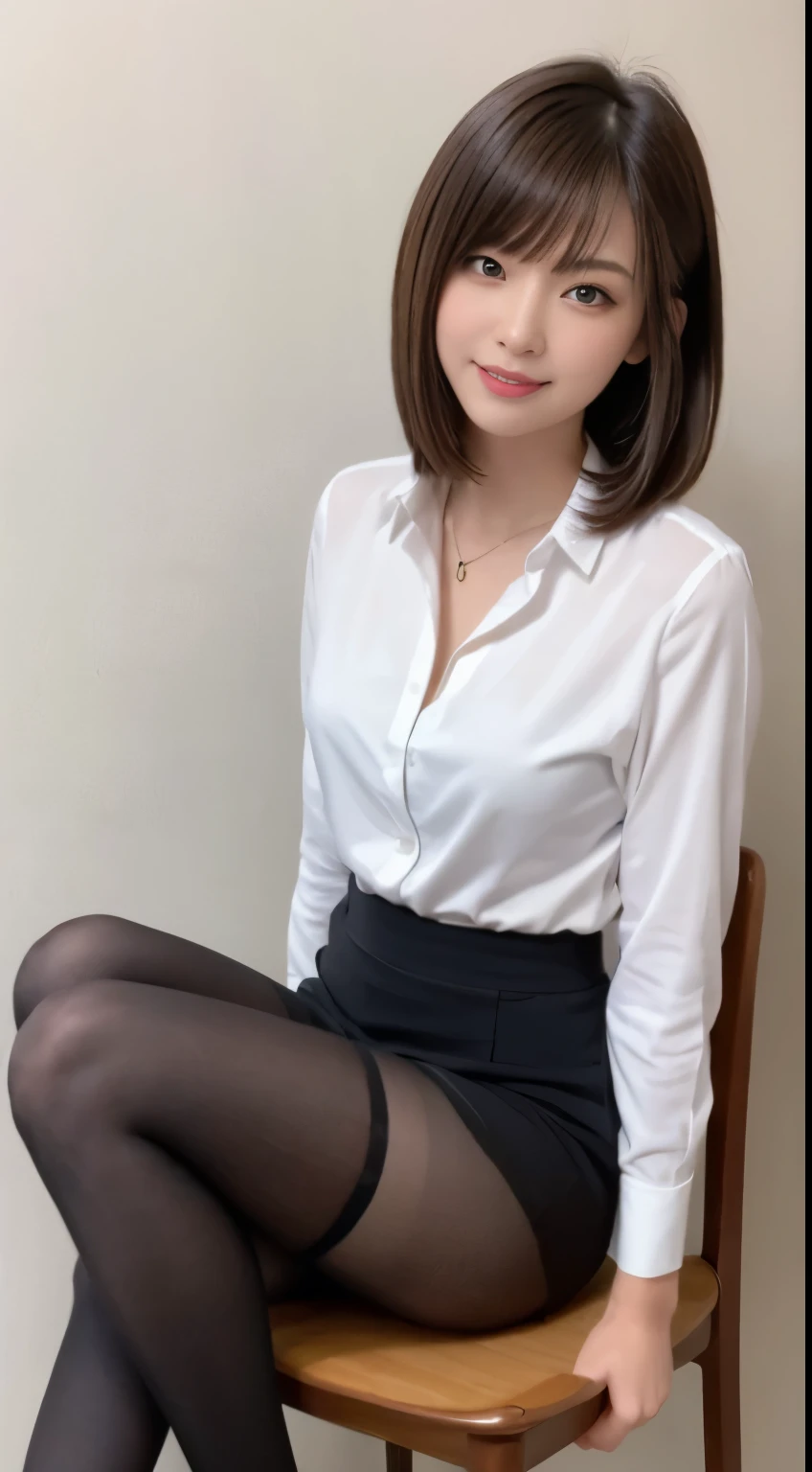 table top, highest quality, figure, Super detailed, finely, High resolution, 8k wallpaper, 完璧なダイナミックな構figure, detailed and beautiful eyes, business suit,hot cut hair，natural color lip, sit on a chair and cross your legs,smile、25 year old girl，red eyeshadow，Wearing black tights and stockings，