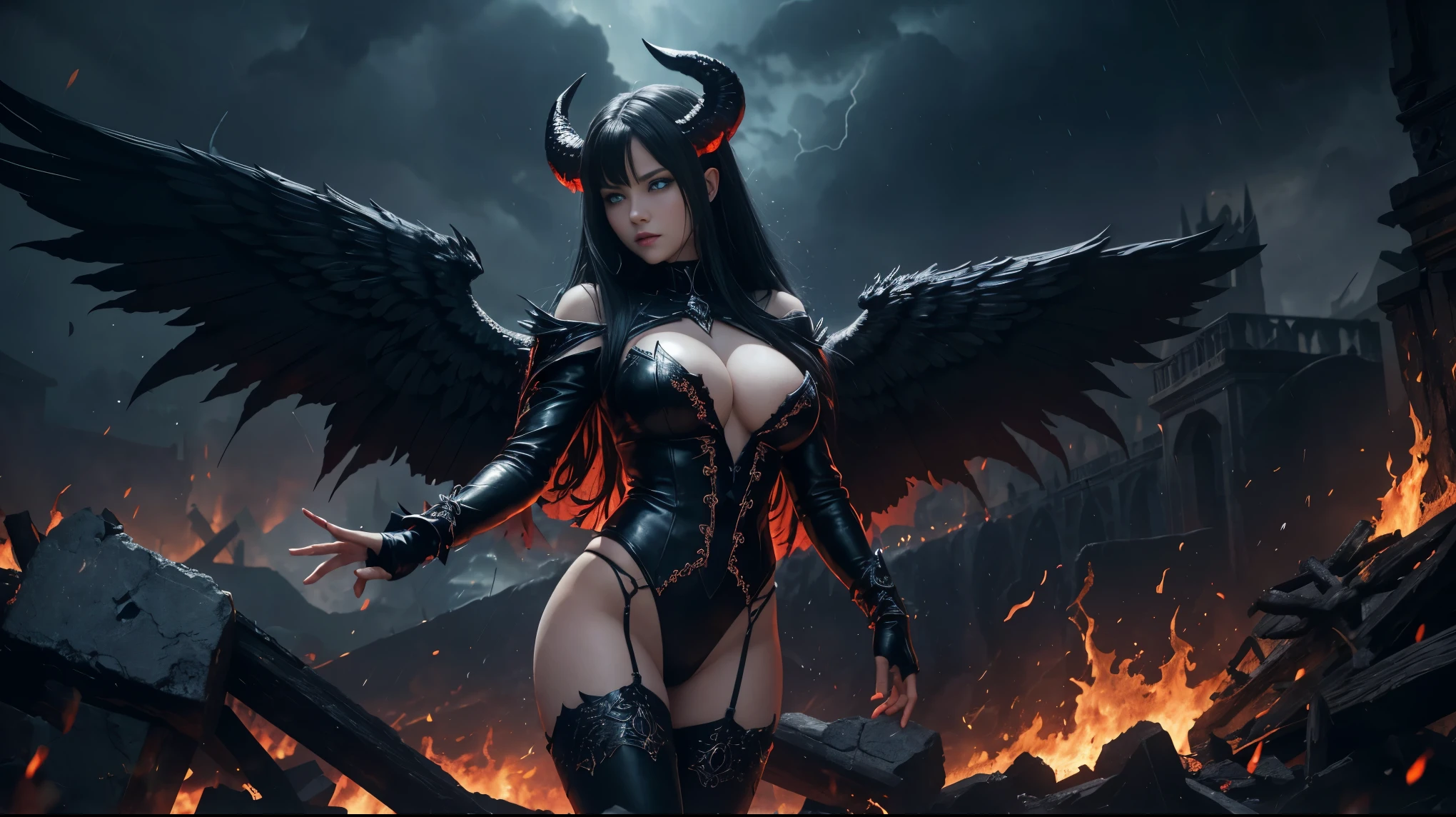 Ultra-detailed French girl, 15 years ago, angel, Fallen angel, Black angel, big wings, Black feather, beautiful breasts, blue eyes, showing great cleavage, darkness, Evil creature, skull, Black thorn hair ornament, Blood red roses, Dark red clothing , Black Crown Her demon wings on her back and demon horn give her an invincible aura as she unleashes a powerful wave of destruction with a single gesture. Fire, flames, blood, red lightning, thunderstorm, waterfalls, river of blood, raining blood, blood Moon, dark night, naked body