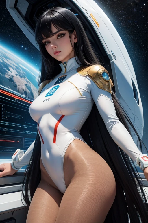 Best quality, 8K, woman space retro futurism, beautiful and detailed face, black straight long hair, bangs,big eyelashes,LOOKING TO observer,TRANSPARENT white leotard,LIGHT TAN pantyhose, sci-fi RETRO SPACESHIP scenario