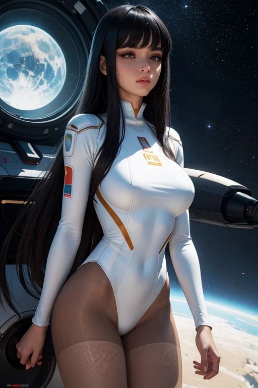 Best quality, 8K, woman space retro futurism, beautiful and detailed face, black straight long hair, bangs,big eyelashes,LOOKING TO observer,TRANSPARENT white leotard,LIGHT TAN pantyhose, sci-fi RETRO SPACESHIP scenario