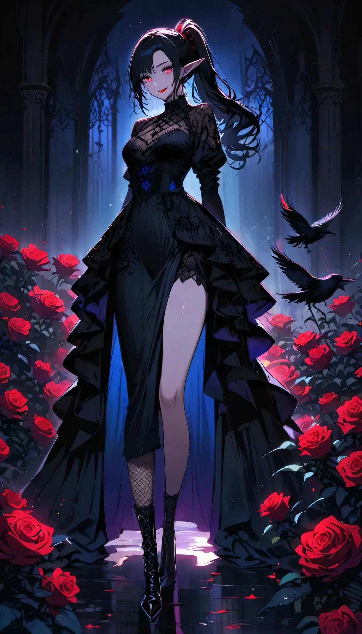(dark atmosphere,Goethe fashion,bright colors),(best quality,Super exquisite,),Sexy goth elf girl,rose garden at night,beautiful and delicate eyes,Blue tip black straight ponytail,Crow feathers,red lipstick,mysterious smile,Pale complexion,fishnet stockings,black lace dress,Pointed-toe boots,mysterious aura,The moonlight reflects her elegant silhouette,Soft shadows and soft highlights,Contrasting colors create a vibrant atmosphere,Dark and moody color palette,Subtle yet dramatic lighting effects,Sublime darkness intertwined with exquisite moonlight