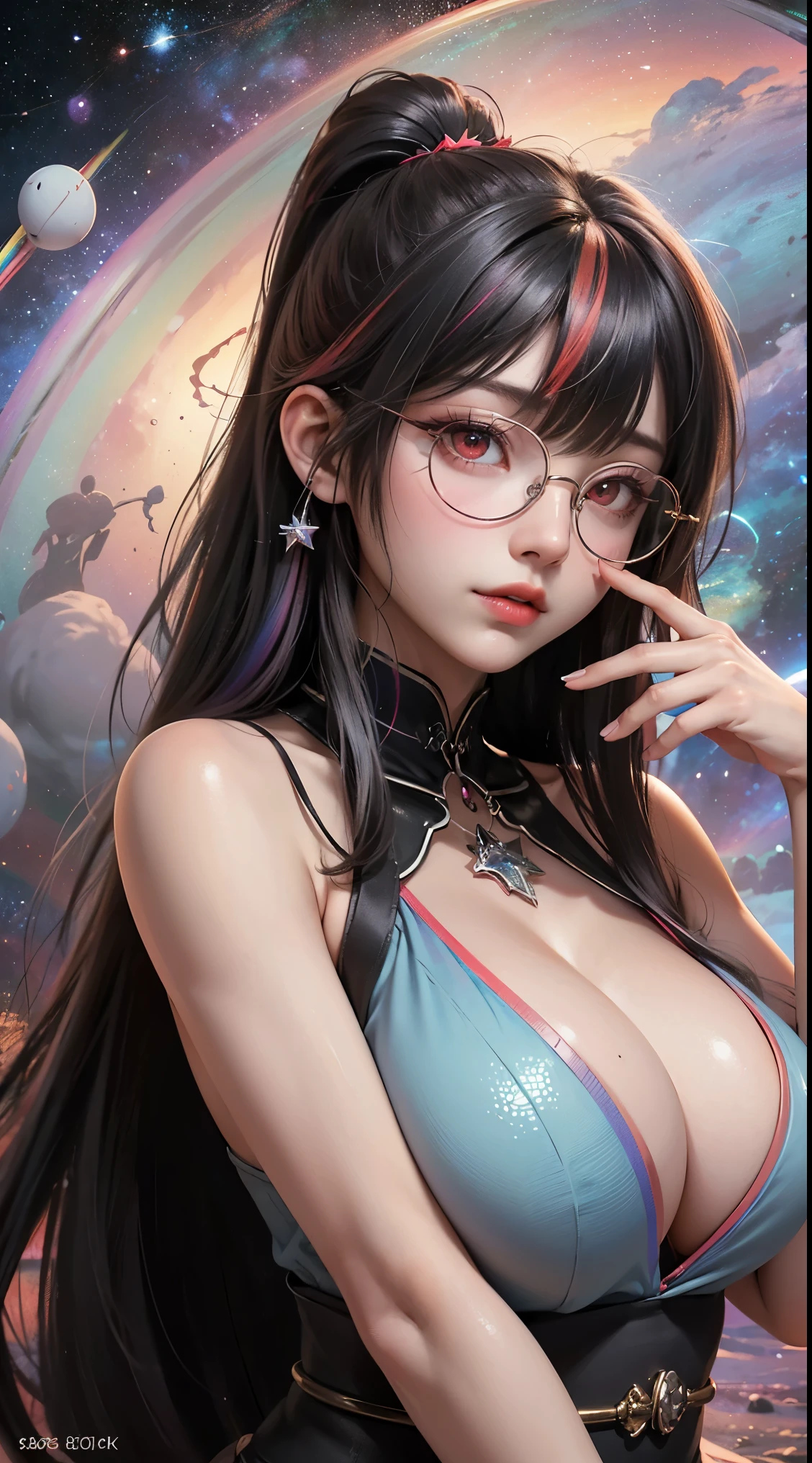 1名 27歳 woman, got it、(best illustrations)、8k UHD resolution、intricate details、最high quality、realistic、Super detailed、best lighting、best shadow、soft lighting、ultra hd、dungeon and Dragon、cave、dungeon、 necromancer、night、dark style、Succubus、devil'Daughter of、bat wings,(((demon hornラック縁round glasses))))、(((big breasts)))、(devil'Tail)、(red eyes shine:1.6)、masterpiece、beautiful features、Tyndall effect、realisticphotograph、(high detail skin:1.2)、8KUHD、Digital single-lens reflex camera、high quality、photograph、High resolution、 absurd、Ponytail distortion、Optimal ratio of 4 fingers and 1 thumb、1 girl、hair ornaments、真っ赤に輝くgemのネックレス、gem、beautiful expression、body up、big breasts emphasis、tight waist、wide ass、Tyndall effect、Photoreal、(high detail skin:1.2)、dark and mysterious version, lipstick red lips, thin and beautiful lips, Don'don't laugh, please keep your mouth shut, Characters created by Karol Baku and Pino Denis, intricate details, detailed background, very detailed, magic of light, woman, cute face, ((((giant glasses, otaku glasses, thick glasses, round glasses))))、 looking at the Upper body of the goddess , round chest, big and round chest, phoenix hair brooch, long hair with bangs, (Long hair has seven colors like a rainbow:1.9), Beautifully detailed face and well-proportioned eyes, (clear red eyes: 1.8), Big round eyes and very beautiful and detailed makeup, Visionary, long silk nightgowns, mysterious makeup, ブresponseレット, I dyed my side bangs light yellow.., Upper body, (goddess Upper body: 1.8), hanging arms, リアルで鮮やかなphotograph, (stars that make up : 1.7), ( Sky and imaginary space-time portal: 1.8), fiction art, RAWphotograph,黒い着物のphotograph, 最高のphotograph , expensive_response, 最high quality, 最高のphotograph, 8K quality, 8k ultra , surrealism, 最も経済的な本物のphotograph, Artistic portrait of 12 signs, Symbol of one of the 12 signs on the back, 12 Single Portrait of the Goddess, 最もrealistic配色, 最高のphotograph color, masterpiece, hair ornaments, ネックresponse, jewelry, beautiful face, Upper body, Tyndall effect, photographのようにリアルな, Dark studio, border light, two tone light, (fine skin) expensive: 1.2), 8k UHD, Digital single-lens reflex camera, soft light, expensive quality, volume light, Frank, photograph, expensive responseolution, 4K quality, 8k, Bokeh, smooth and sharp, 10x more pixels, Charming goddess, sexy goddess, (background space: 1.8), (milky way: 1.7), aurora, lightning, (auroraの背景: 1.8) <roller:crazy_perfect eyes_v1_from_v1_, beautiful goddess and flowers, (((demon horn))))、(((bat wings))))、