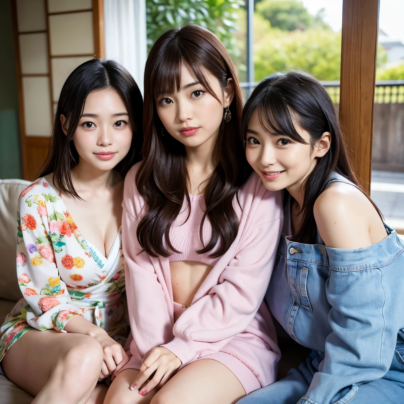 3 girls in large Japanese-style room with futon,long-sleeved pale pink plaid pajamas top,pale pink plaid panties,18-year-old,bangs,a little smiles,thighs,crotch,knees,short cut hair,ponytail,from below