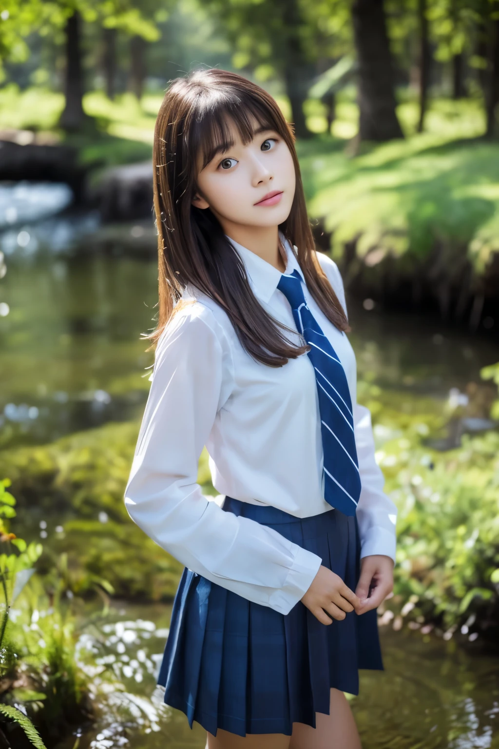 masterpiece、High level image quality、high detail、8k wallpaper、beautiful expression、cute face、light brown eyes、((double beautiful eyes))、well-groomed face,Full body Esbian、summer clothes、blue tie、blue skirt、one beautiful girl, high school girl、15 year old student、hairstyle with bangs、great outdoors、Blue swamp in coniferous forest zone、Beautiful girl comes here walking in the water、embarrassment、confusion、Temporary、dark sky、side light、noise reduction、pale and soft light、diffused glow、