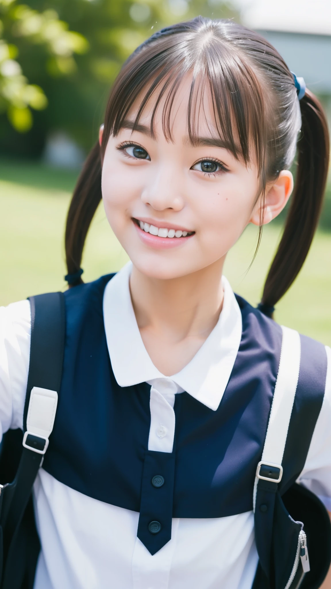 Beautiful young girl with twin tails，short hair，Spring school uniform，bag，Cute tiger teeth，look at me and smile, close-up photo, Photos taken with Canon EOS R5 DSLR camera, Light, Super real photos, intricate details, Her face is very delicate