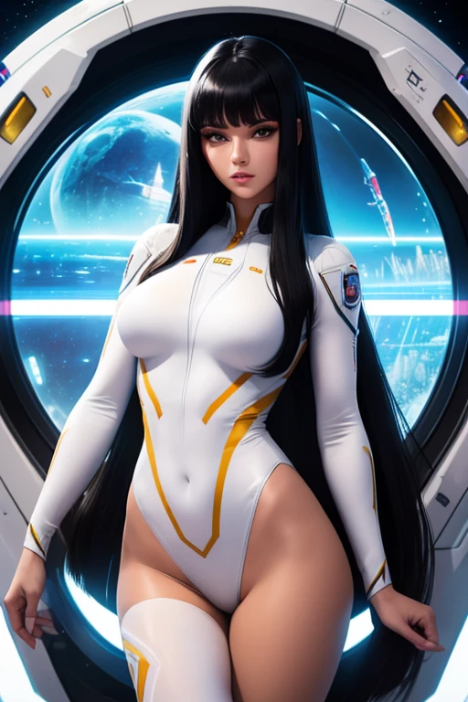 Best quality, 8K, woman space retro futurism, beautiful and detailed face, black straight long hair, bangs,big eyelashes,LOOKING TO observer,TRANSPARENT white leotard,LIGHT TAN pantyhose, sci-fi RETRO SPACESHIP scenario