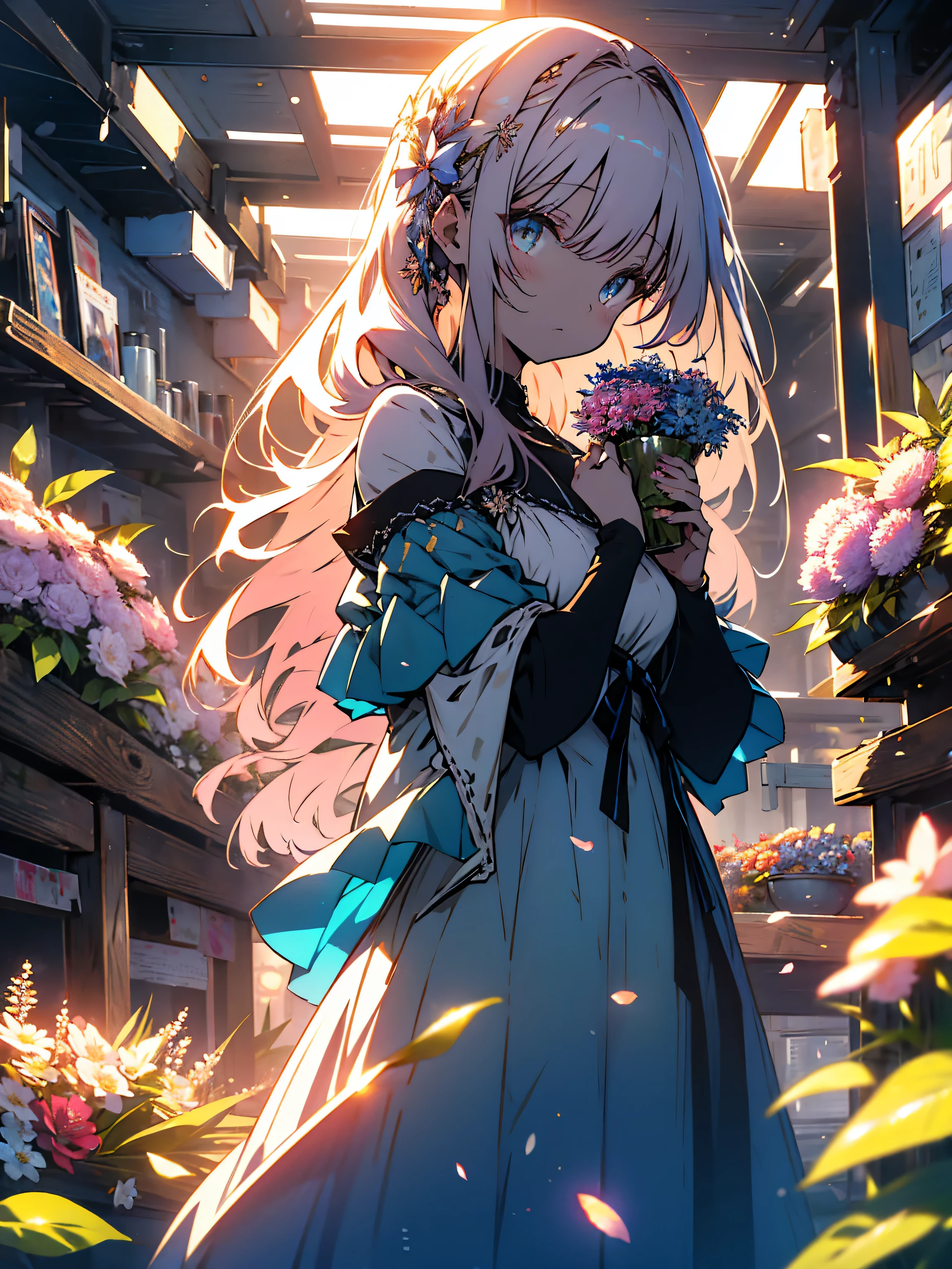 (very be familiar with anime、 8k wallpaper), lit, sea of flowers, flowers, (1 girl), whole body,(off shoulder dress、A lot of floral decorations)、 K-POPアイドル,colorful colors、bright atmosphere、(beautiful anime)、cute、(highest quality、masterpiece、High resolution、be familiar with)、(shining eyes、be familiar with美しい顔)、Illuminated by bright sunlight