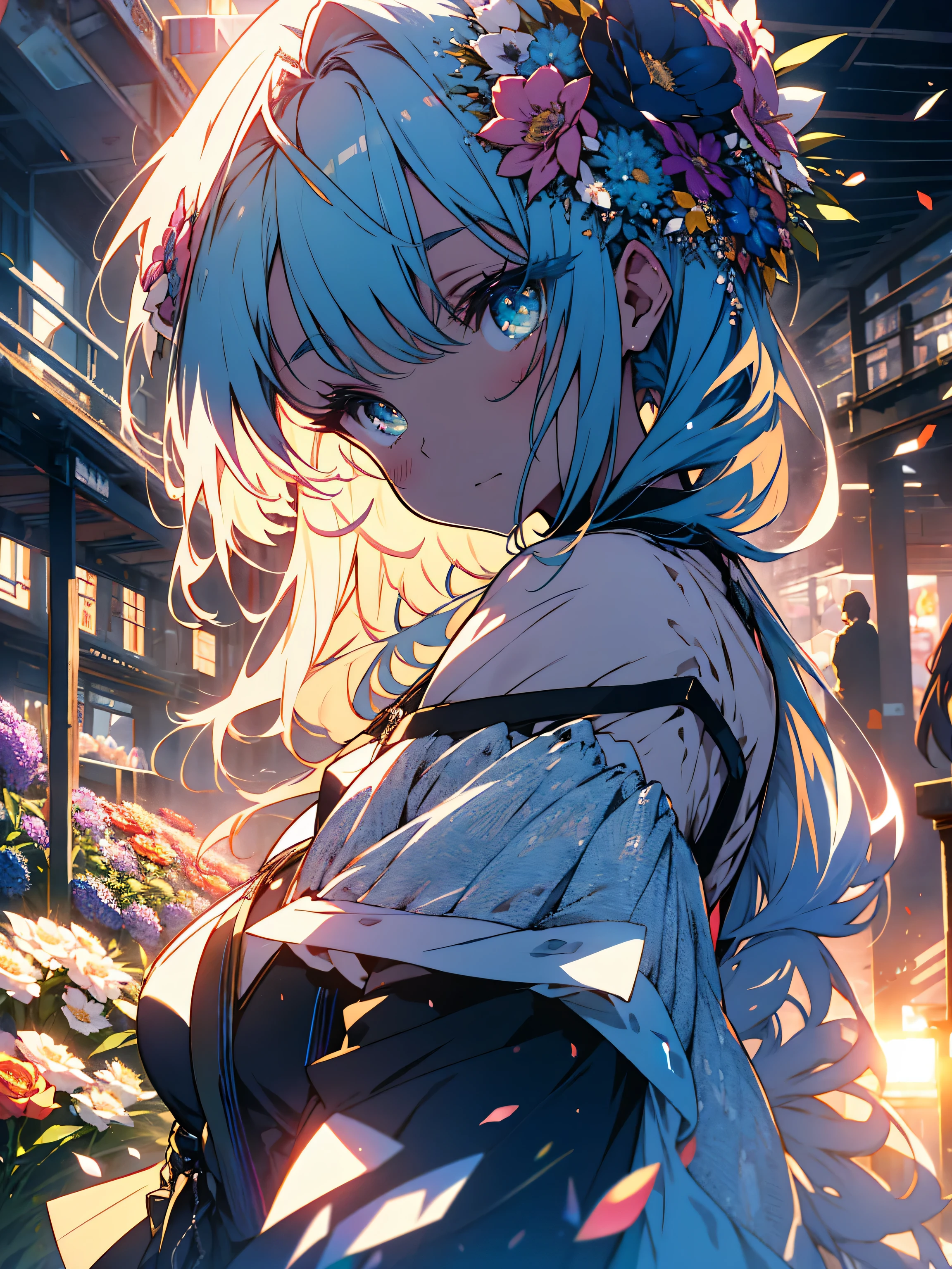 (very be familiar with anime、 8k wallpaper), lit, sea of flowers, flowers, (1 girl), whole body,(off shoulder dress、A lot of floral decorations)、 K-POPアイドル,colorful colors、bright atmosphere、(beautiful anime)、cute、(highest quality、masterpiece、High resolution、be familiar with)、(shining eyes、be familiar with美しい顔)、Illuminated by bright sunlight