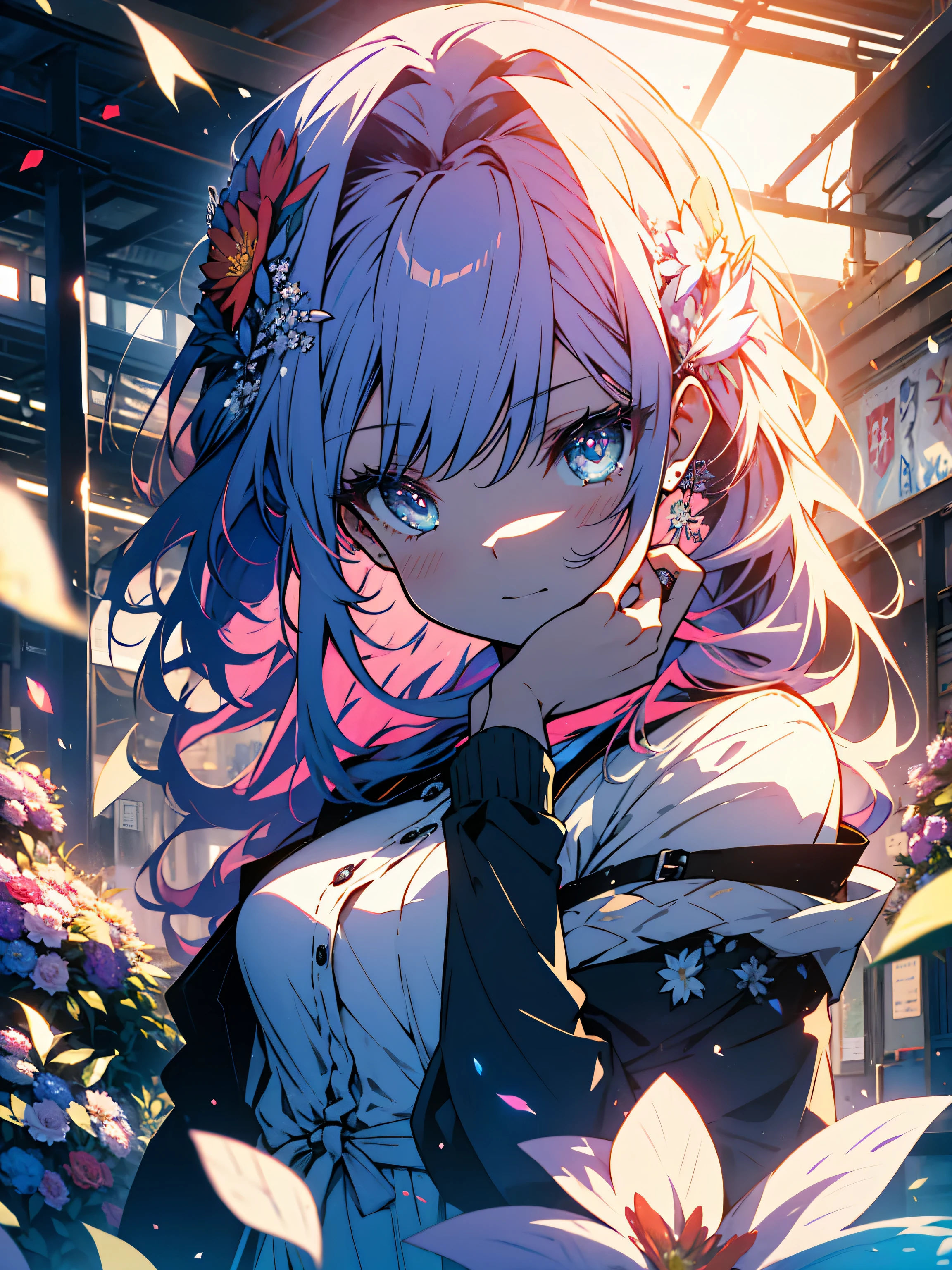 (very be familiar with anime、 8k wallpaper), lit, sea of flowers, flowers, (1 girl), whole body,(off shoulder dress、A lot of floral decorations)、 K-POPアイドル,colorful colors、bright atmosphere、(beautiful anime)、cute、(highest quality、masterpiece、High resolution、be familiar with)、(shining eyes、be familiar with美しい顔)、Illuminated by bright sunlight