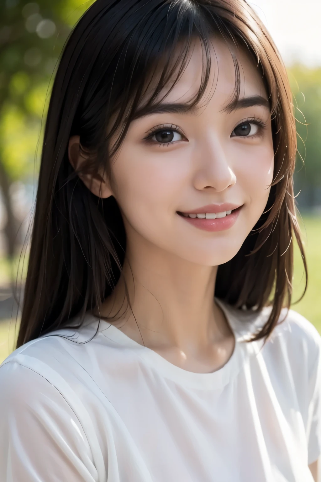 (highest quality,masterpiece:1.3,ultra high resolution),(Super detailed,caustics),(realistic:1.4,RAW shooting),1 girl,(Look at the camera with a smile),Lens 135mm f1.8,(highest quality)、20-year-old,、cute,black haired、messy hair、face focus,professional writing,natural eyebrows、flat bangs、japanese actress、smile、perfect anatomy、golden ratio、A natural shadow、natural shadow、sunny place、Pure white T-shirt